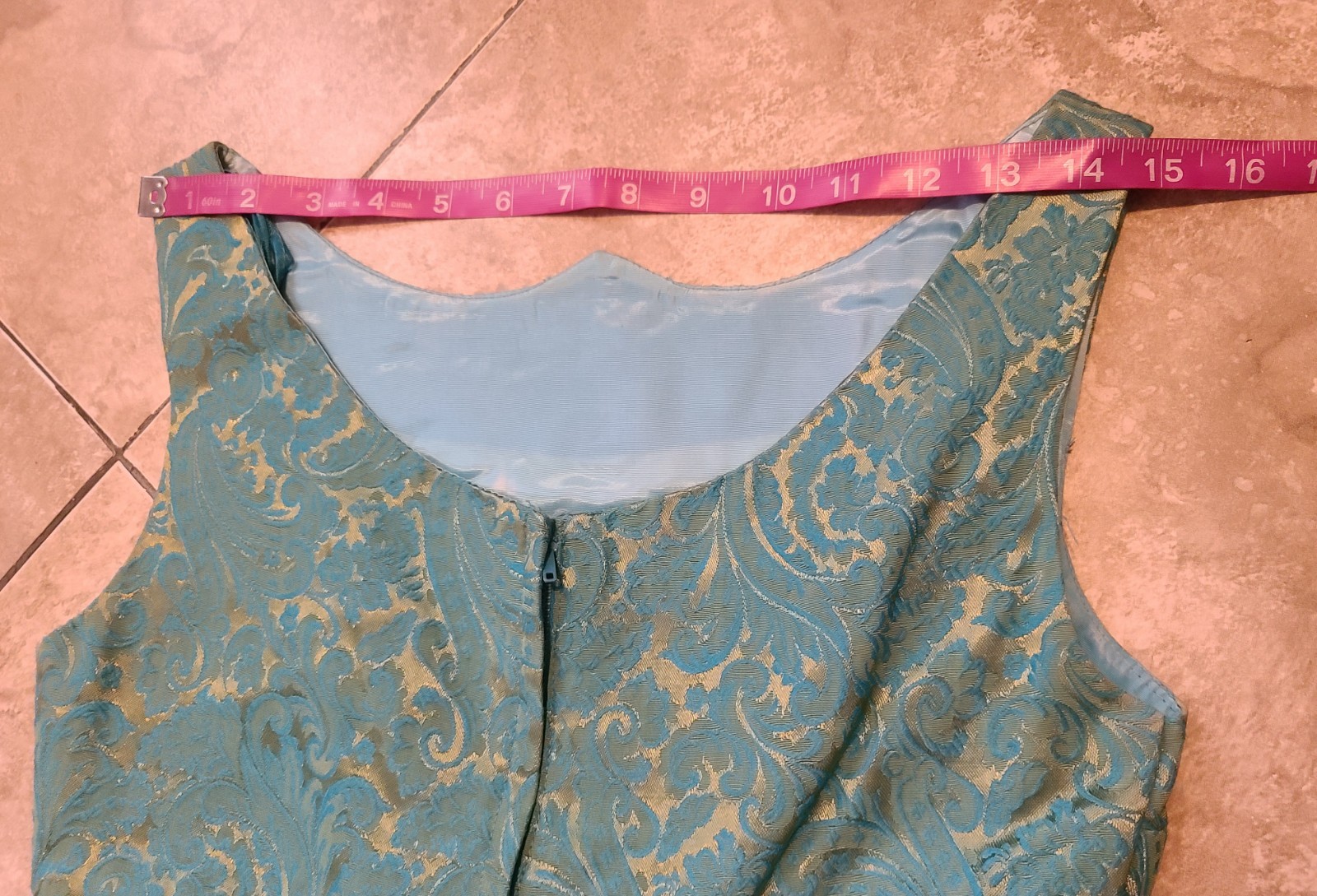 VTG 1960s Turquoise Blue & Gold Brocade Maxi Dress Women’s XS Bow Detail