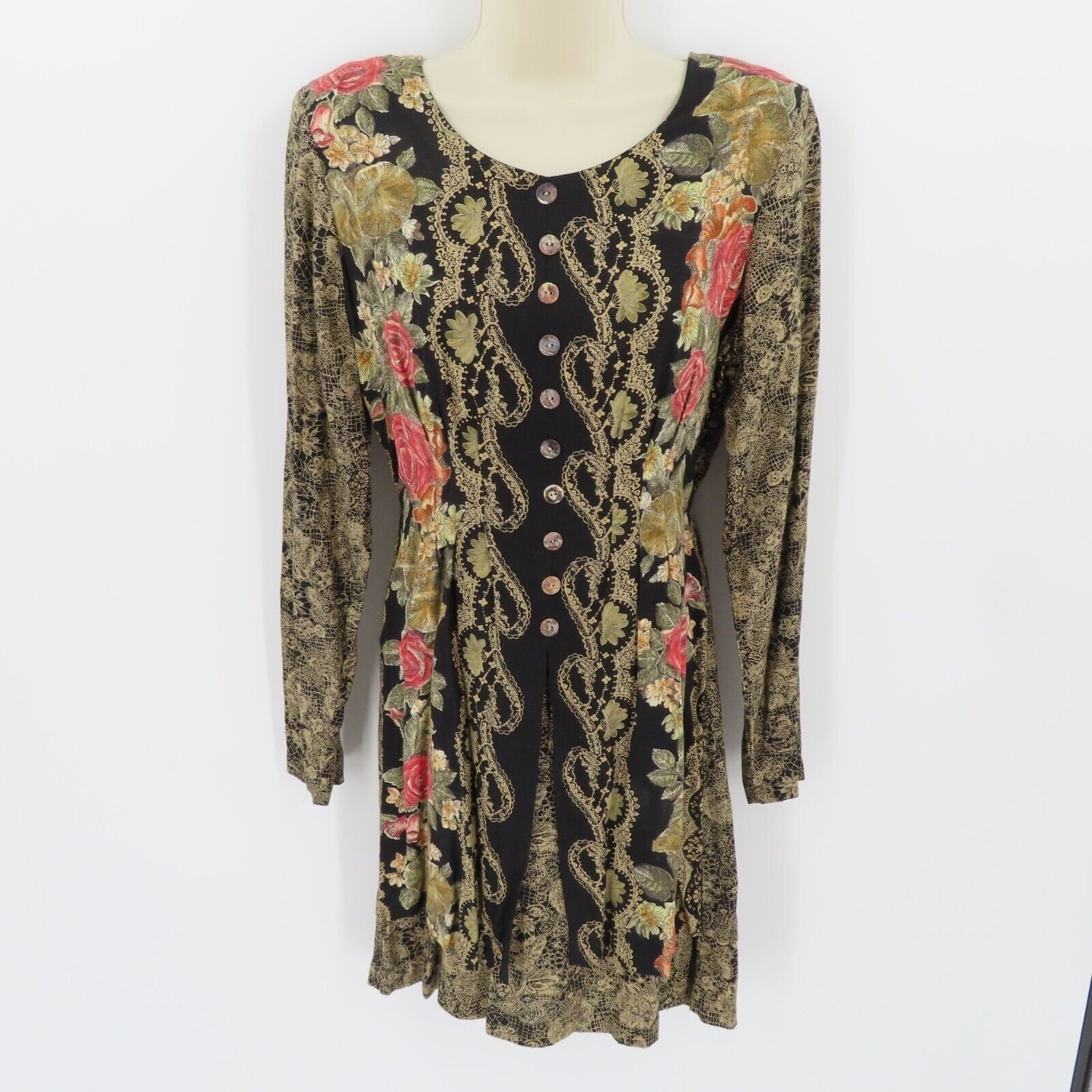 VTG Dawn Joy Womens 7/8 Floral Flower Lace Print Button Long Sleeve Dress Boho