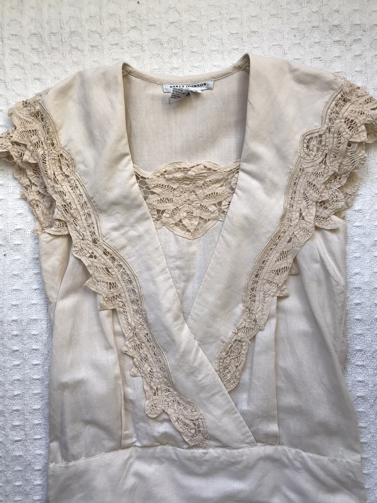 VTG Nancy Johnson Drop Waist Dress Natural Ecru Crochet Lace Pleated Skirt sz 6