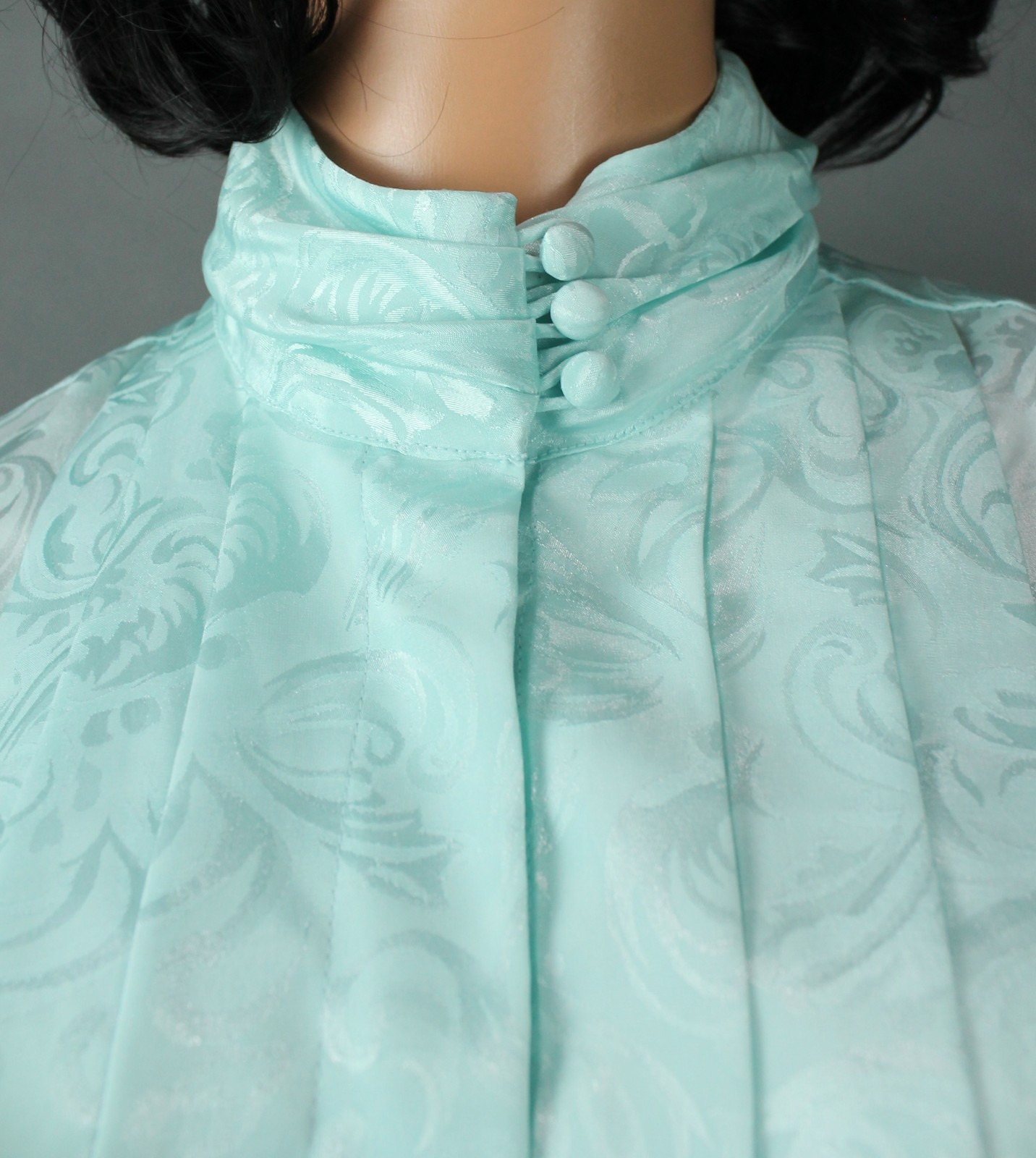 Turtleneck Blouse Sz 10 M Vintage Aqua Blue Pastel Shiny Brocade Dress Shirt