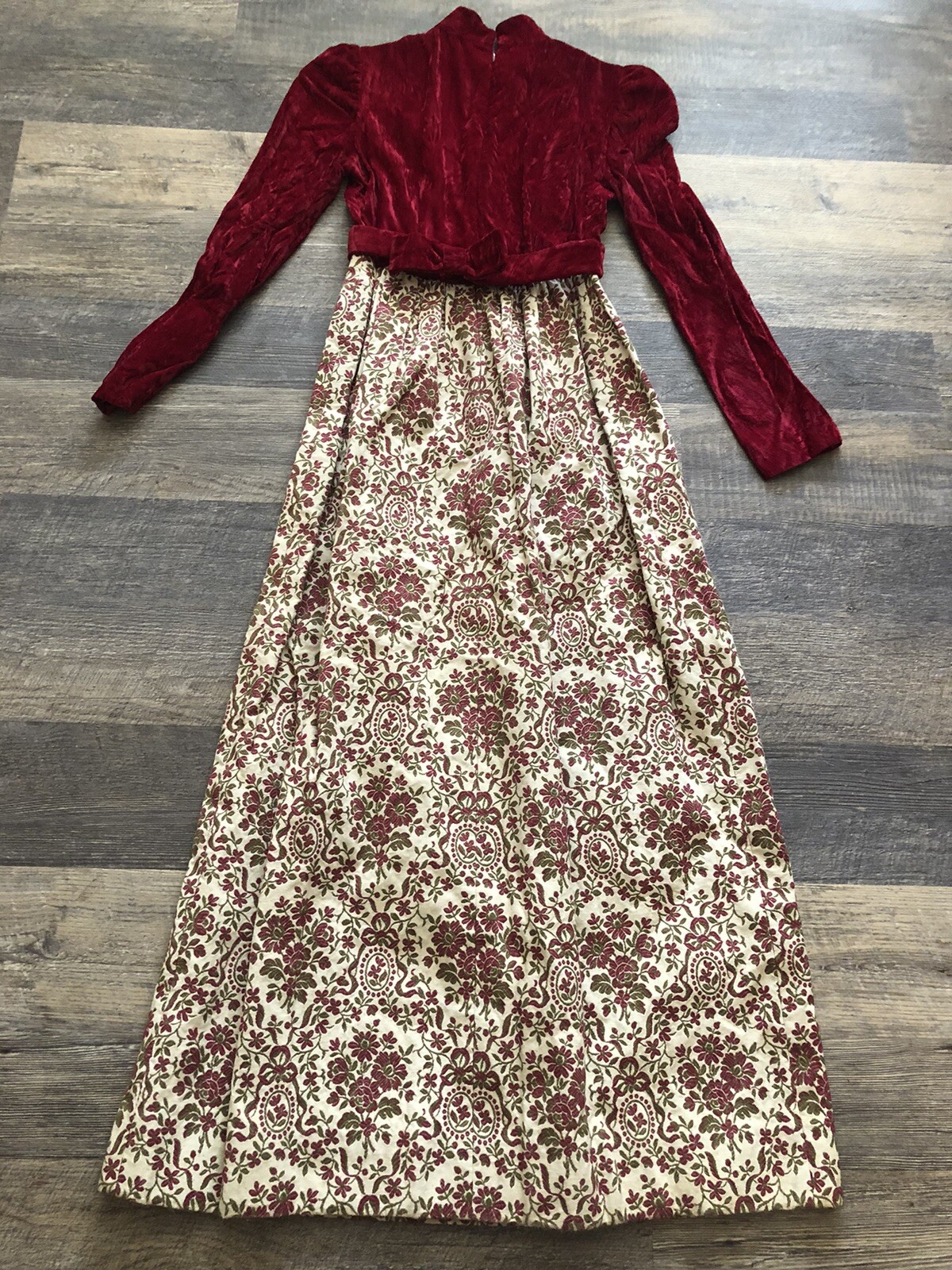 Vintage 60s Designer Glam Hostess Burgundy &Ivory Brocade Velvet Maxi Dress~XS/S