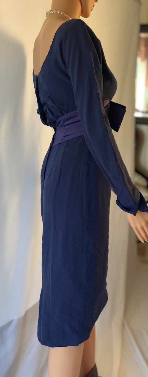 MAM’SELLE Vintage 1950’s Wiggle Dress Navy Blue With Satin Empire, XSmall, Flaw