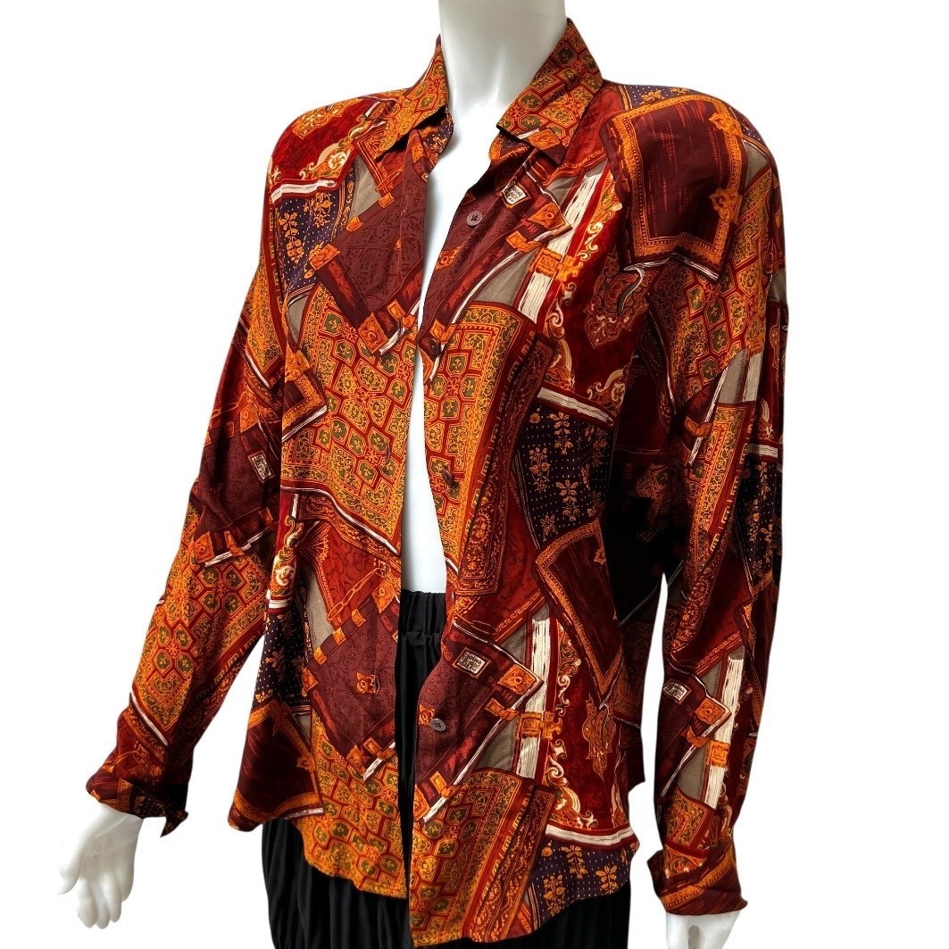 VTG Linda Allard Ellen Tracy Silk Blouse Scarf Print Office Siren 90’s 12 Tall