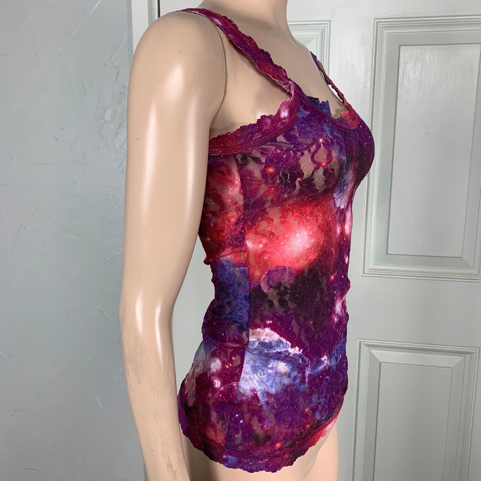 Vintage Y2K Hanky Panky Shirt XS Lace Sheer Nylon Galaxy Universe Stars Tank D15