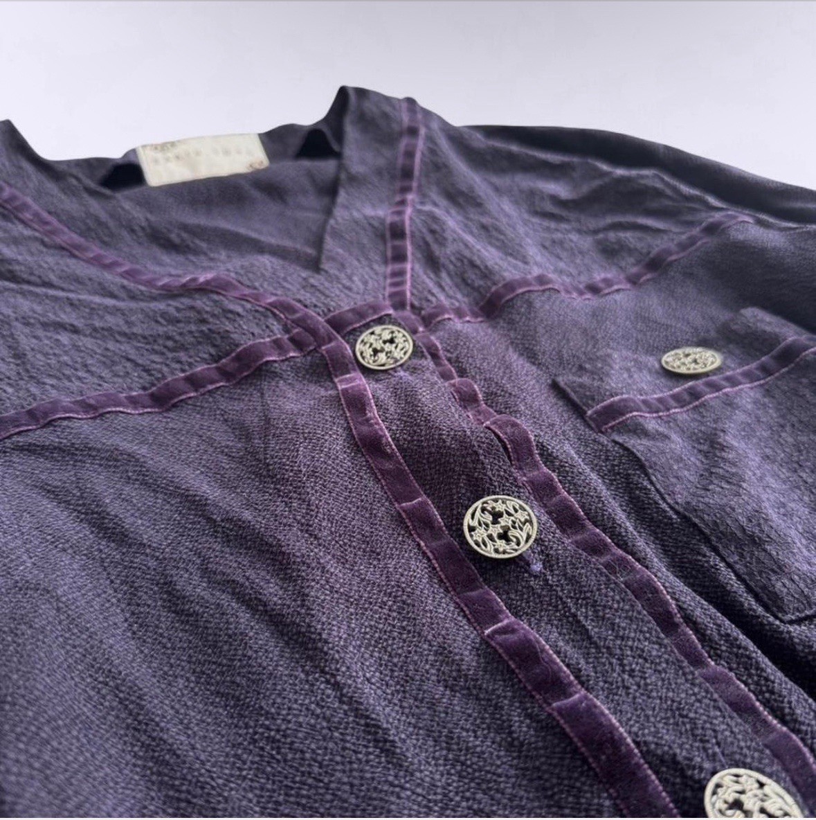 Vintage Bemberg Purple Cardigan Blouse Blazer Velvet Ribbon Brass Buttons USA