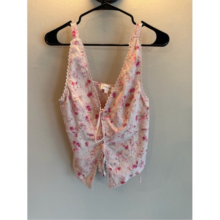 Pink Rose Floral Tie Front Cami Top Pink White Lace Trim Handkerchief Hem Medium