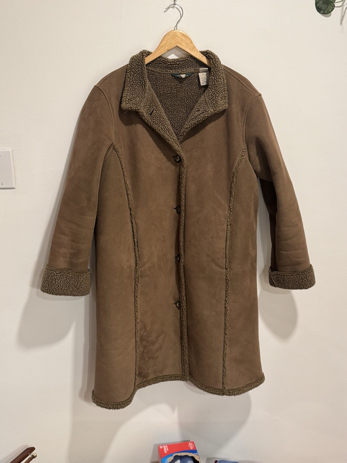 Y2K L.L.Bean Womens XL Brown Sherpa Lined Faux Shearling Coat Jacket Long
