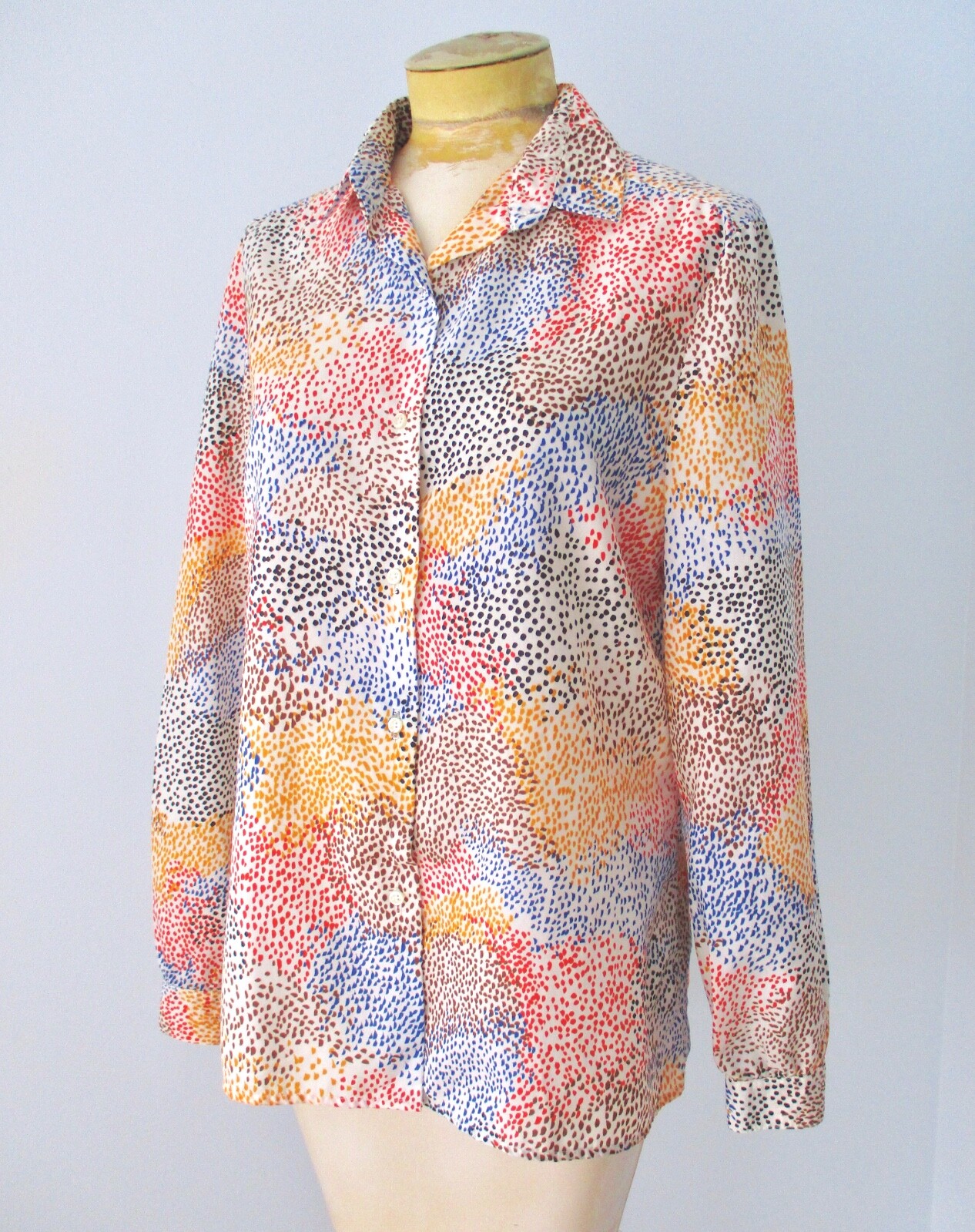 Vtg 70s Mod Colorful Spotted Op Art Silky Poly Button Blouse Secretary Top 16