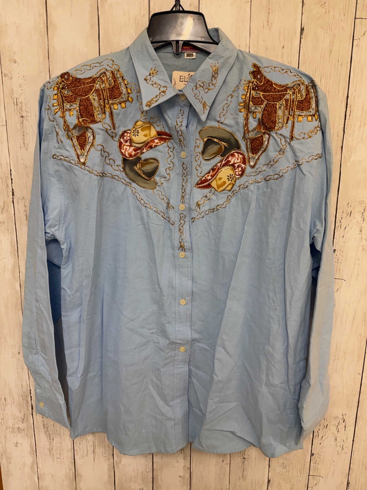 Elite Casuals Vintage Womens Western Shirt L Embroidered Cowboy Rodeo Applique