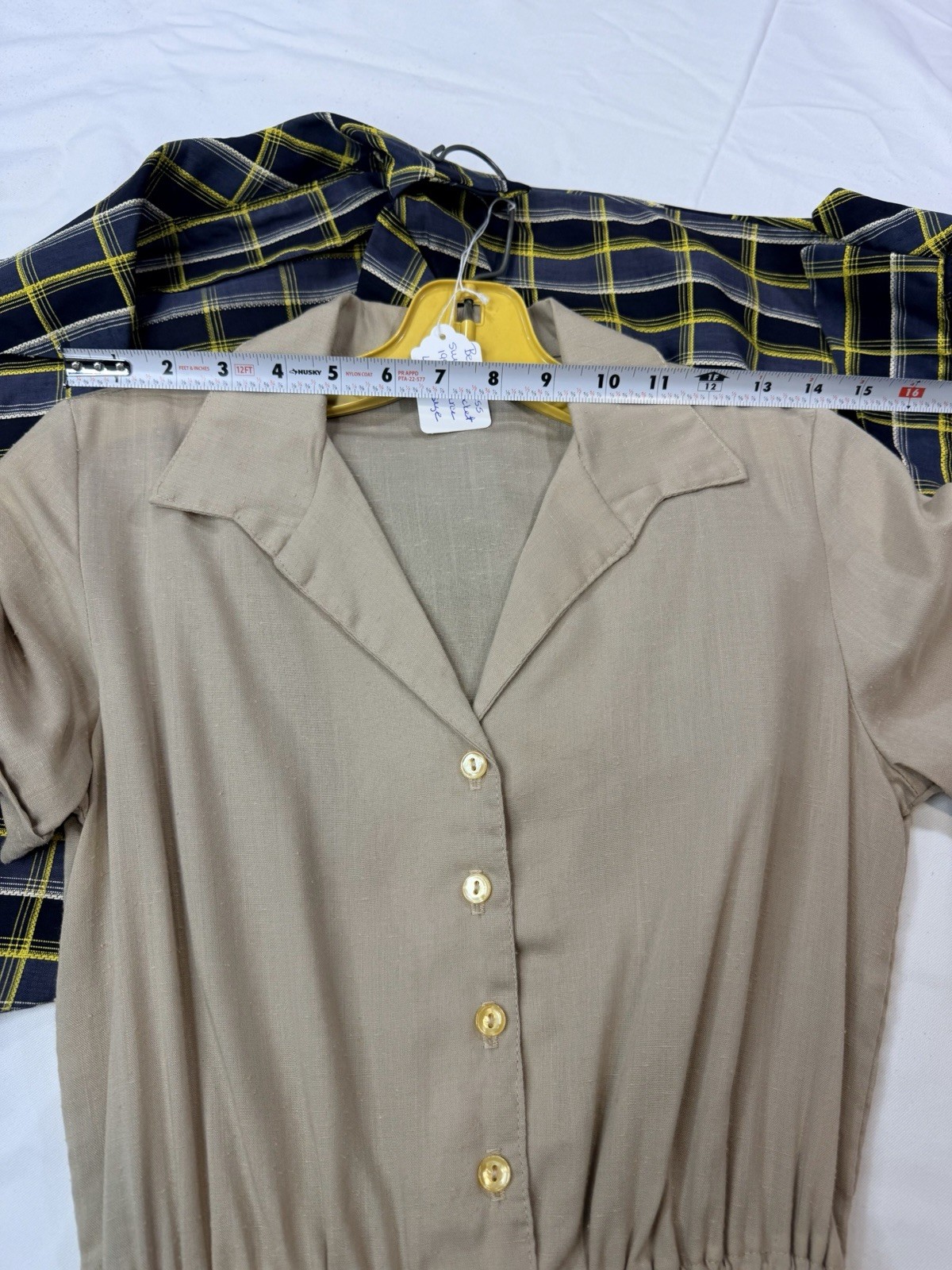 1950s 60s Beige Cream Shirtwaist Dress Elastic Waist Gold Buttons XS