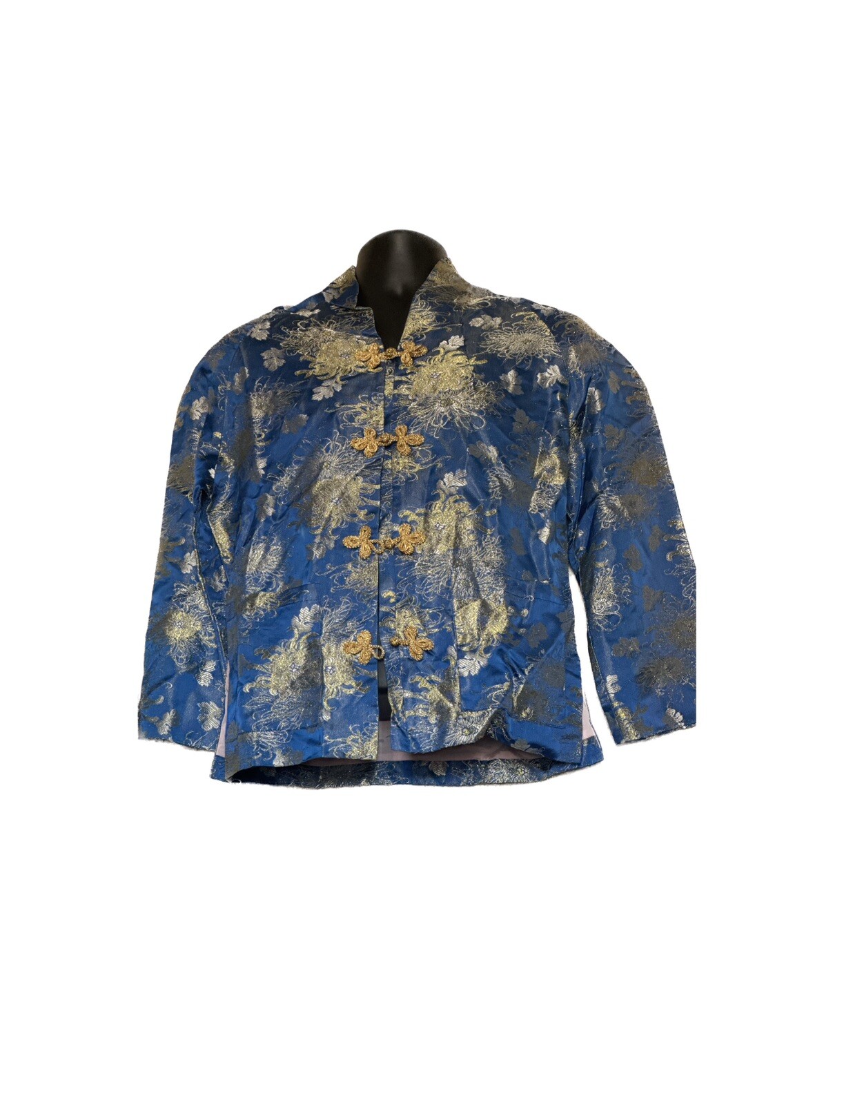 Vtg 50s Blue Asian garden brocade silk chinois jacket moa collar pockets Japan M