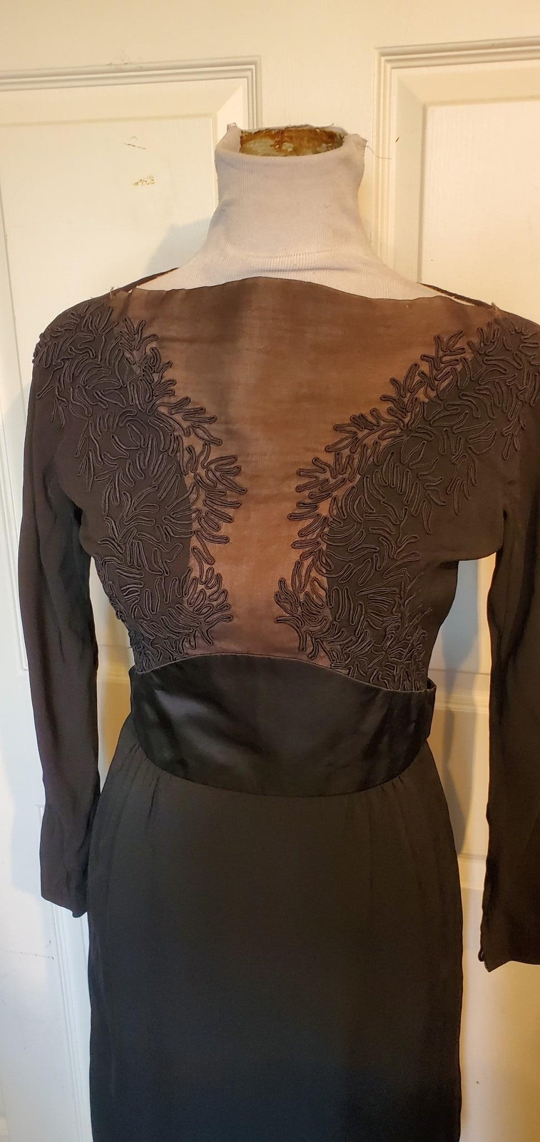Vintage 50s 60s Black Rayon Illusion Dress Bramson Ribbon Trim B36
