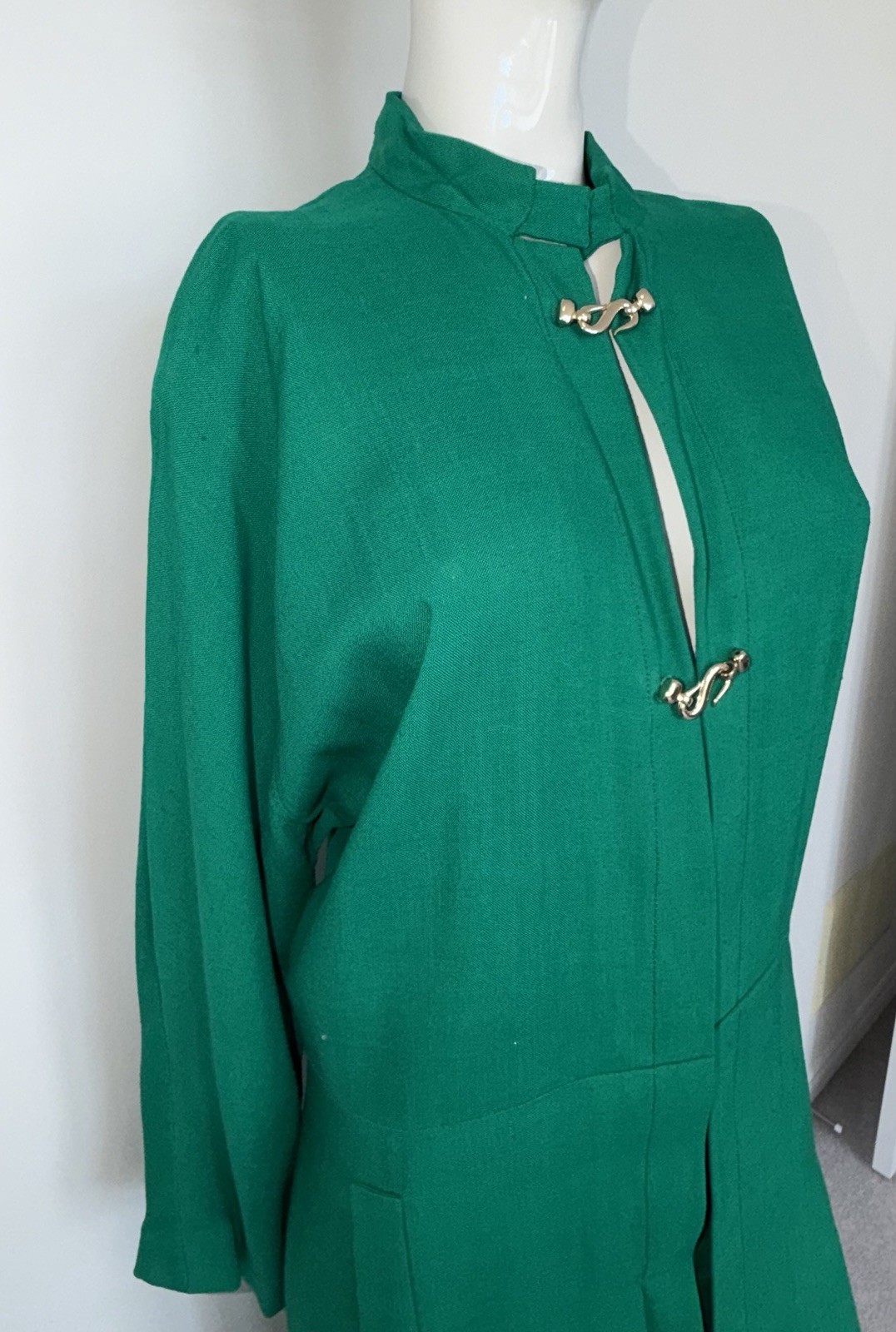 VTG 80s Pauline Trigere Bergdorf Goodman Emerald Green Maxi Textured Shirt Dress