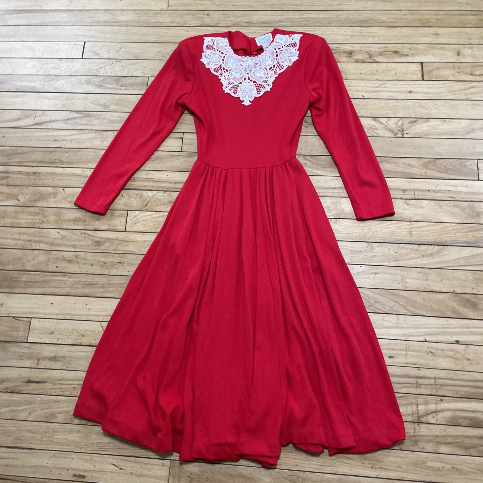 Expo Petite Vintage 1980’s Lace Trim Red Praire Dress Women 4 Wool Zip Made USA