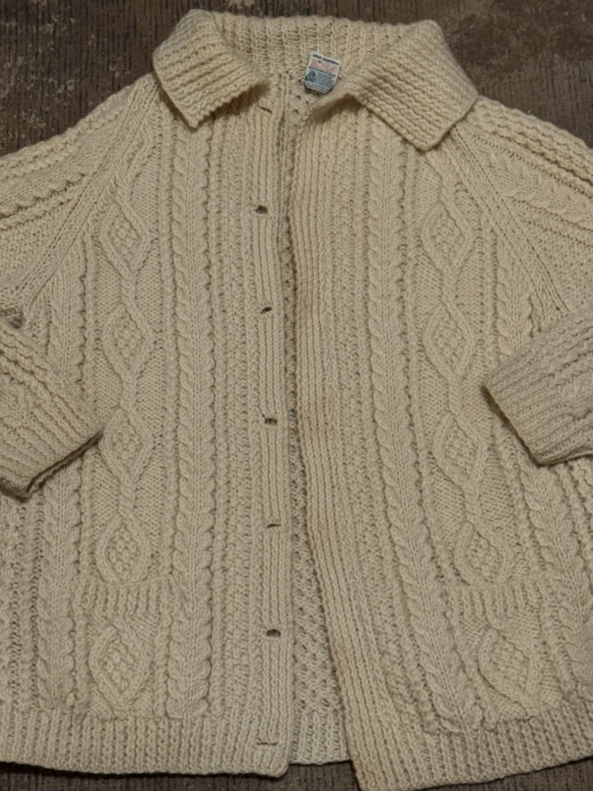 Vintage Una O’Neill Aran Handknits Wool Cardigan Sweater Irish Cream White