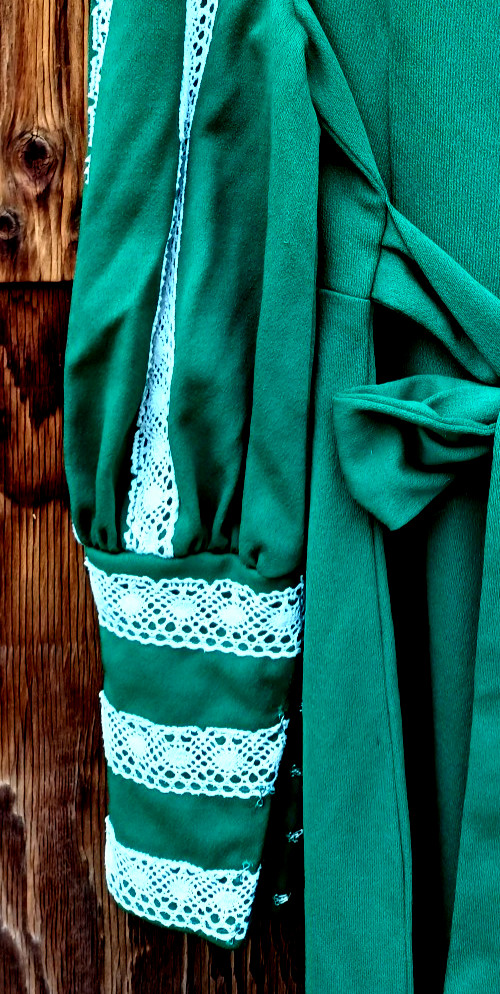 Amazing 70s Vintage Green Empire Leg O Mutton Sleeve Sz M/L PolyKnit Maxi Dress
