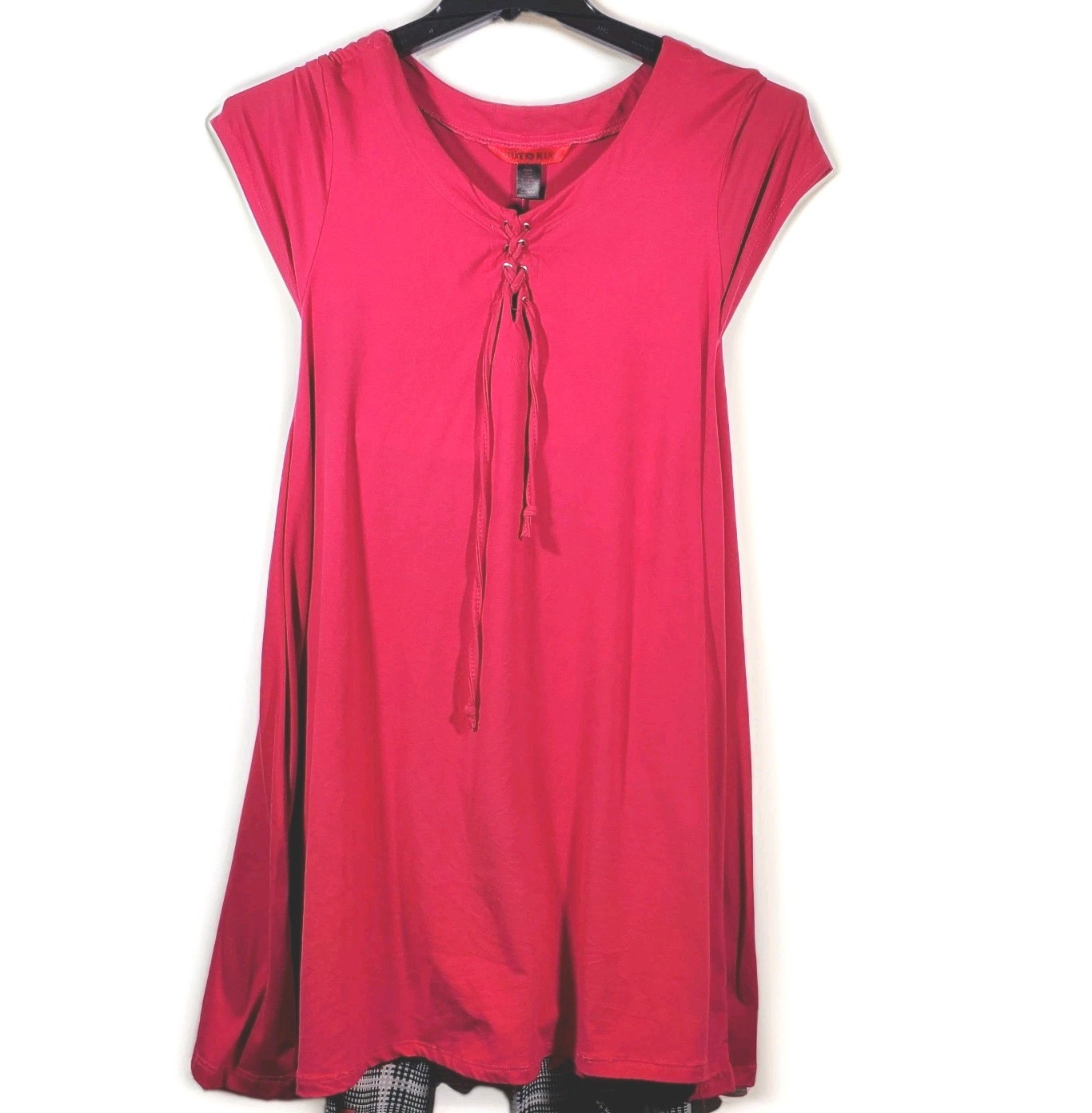 Vintage Y2K Hot Kiss Pink Lace-Up V-Neck Tunic Dress Short Sleeve XL Mall Goth