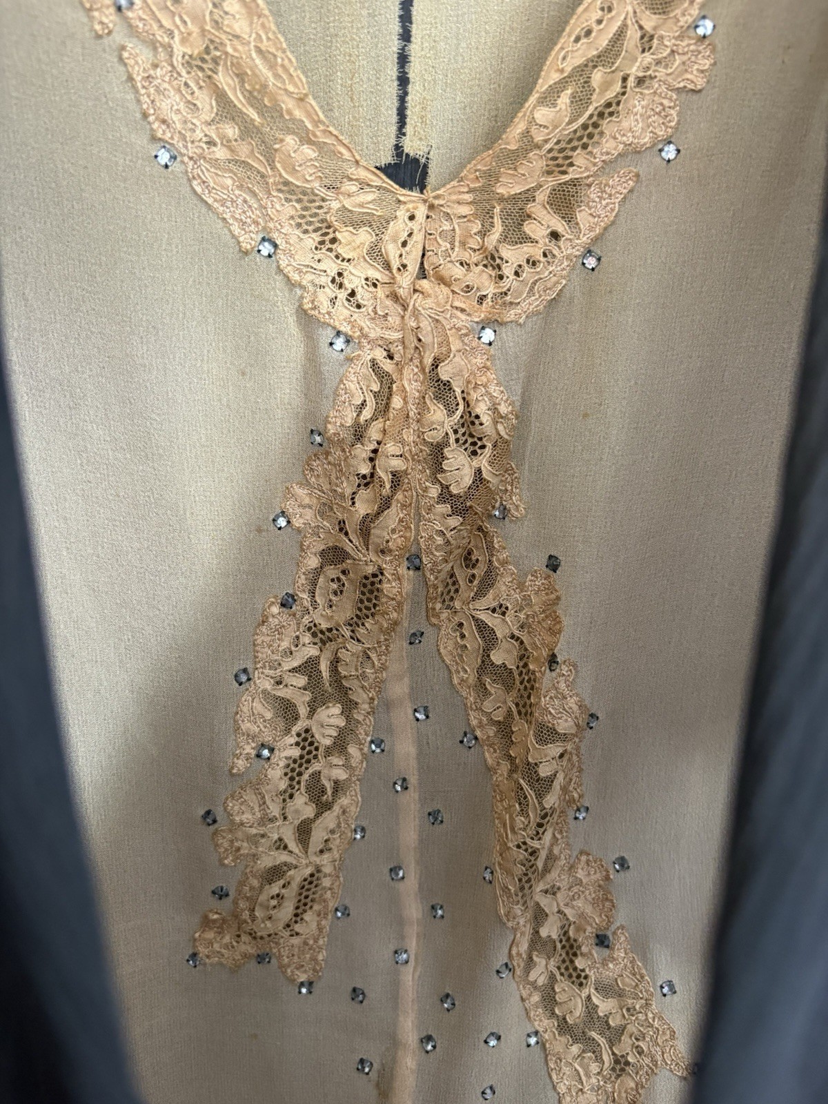 Black Ivory Lace Silk Mesh Sheer Beaded Late 1920s Flapper Dress Antique FLAWS