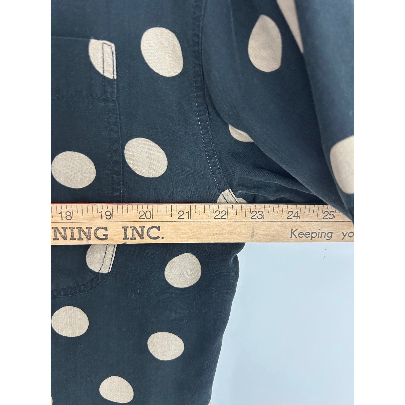 Lizwear Vintage Polka Dot Rayon Button Down Shirt Black Tan Large Short Sleeve