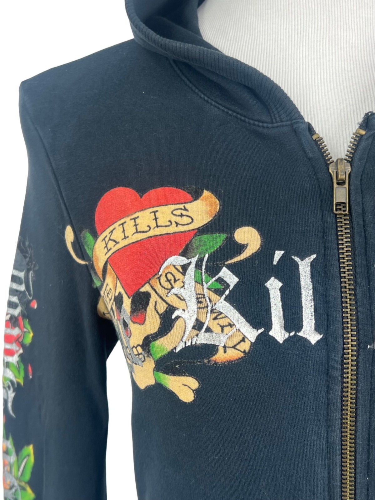 VTG Ed Hardy Christian Audigier Black Tattoo Graphic Zip Hoodie S | McBling Y2K