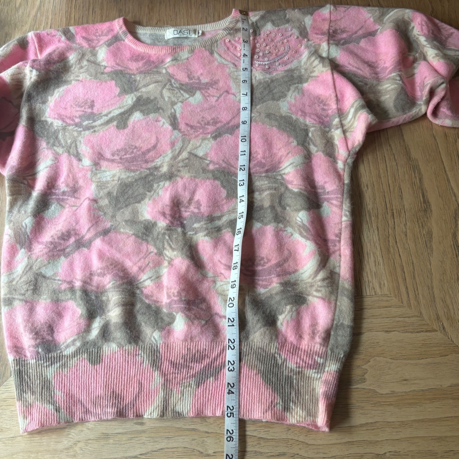 OASI Vintage Pink Floral Lambswool Angora Beaded Sweater Women’s MEDIUM Cottage