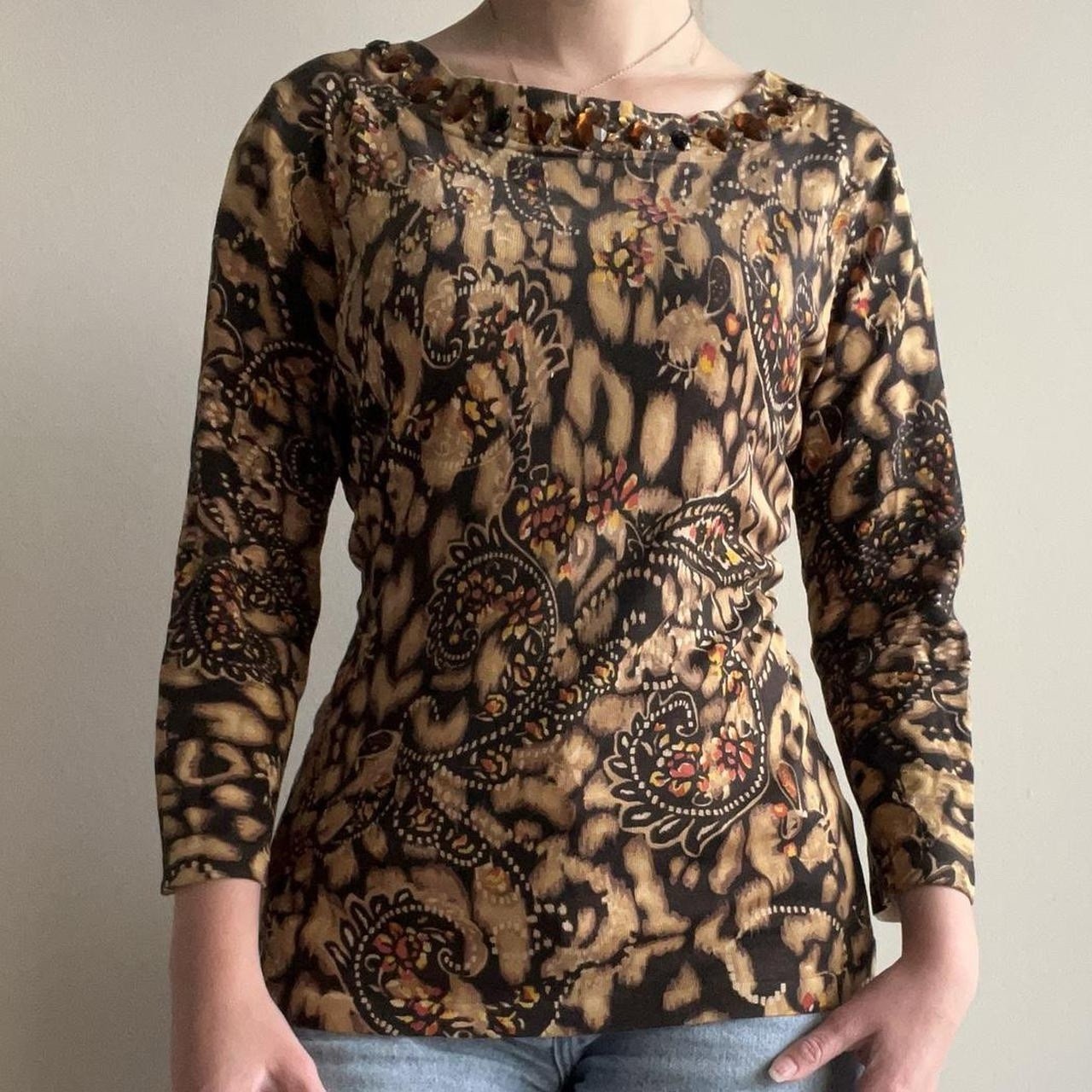 2000s Vintage Tuscan Avant Garde Beaded Top Jones New York L