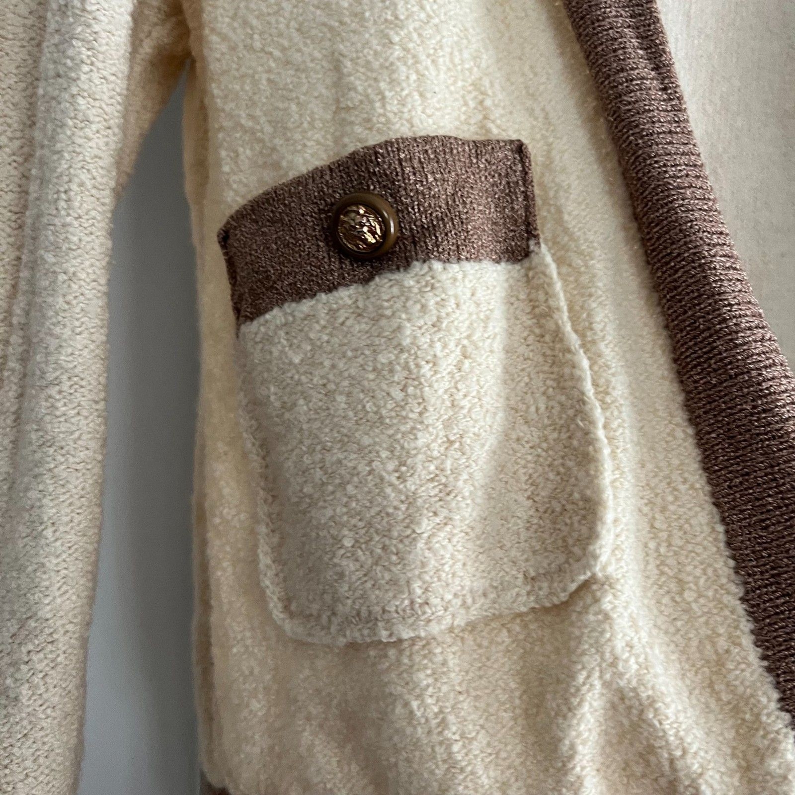 Vtg 1970s Pat Sandler Knit Set – dress & cardigan cream brown gold buttons S/M