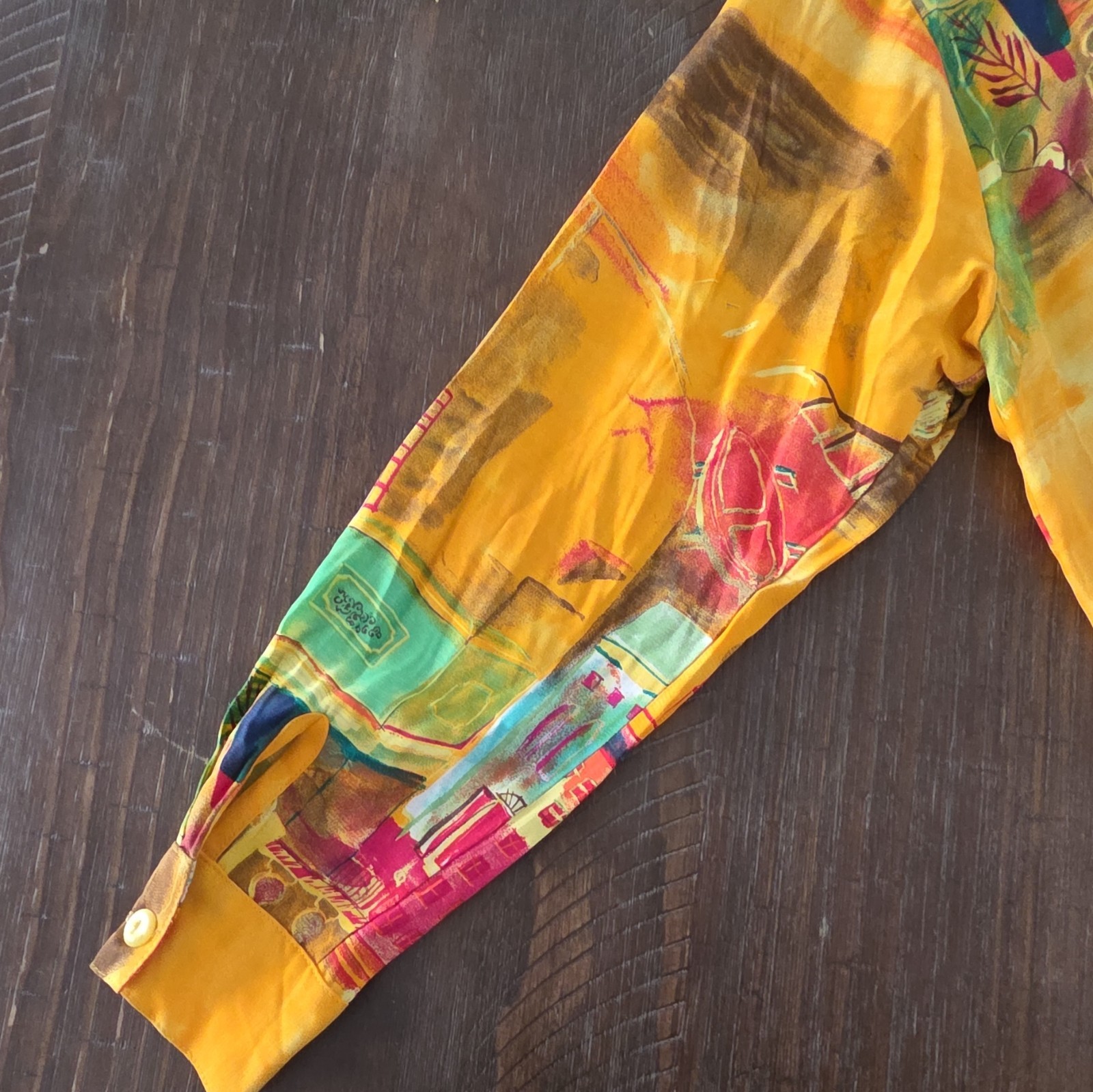Vtg 1980s Saint Germain Rayon Blouse Top Yellow Abstract Buildings Print Size SM