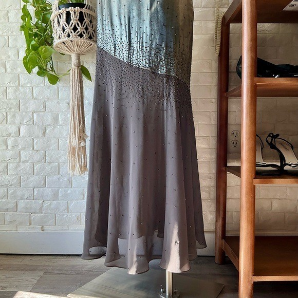 Vintage 1990s Y2K Cache Olive Satin and Chiffon Asymmetrical Hem Beaded Gown