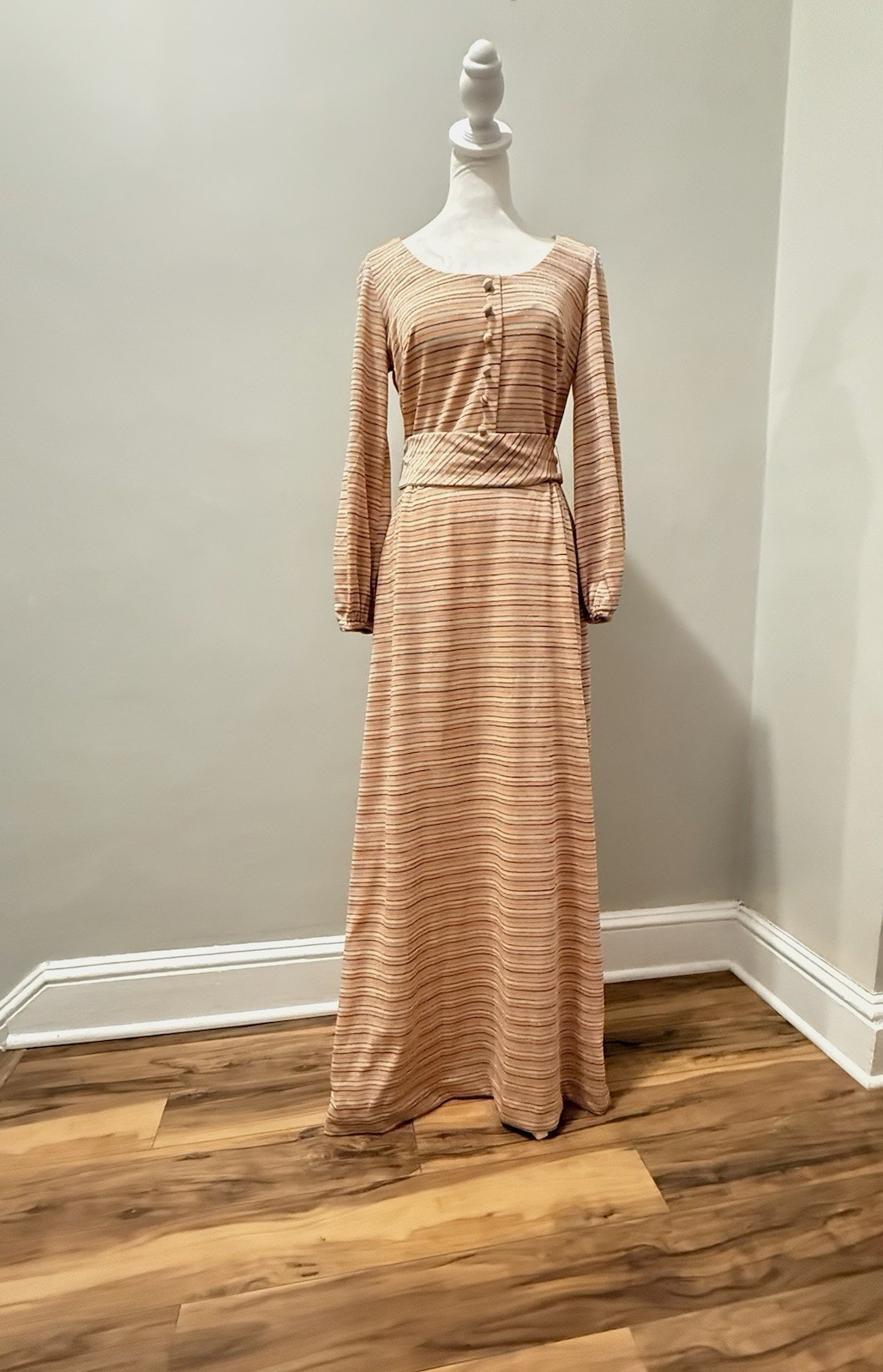 Vtg 60s 70s Maxi Dress Kay Windsor Pink Orange Shimmer Stripe Balloon Sleeve M