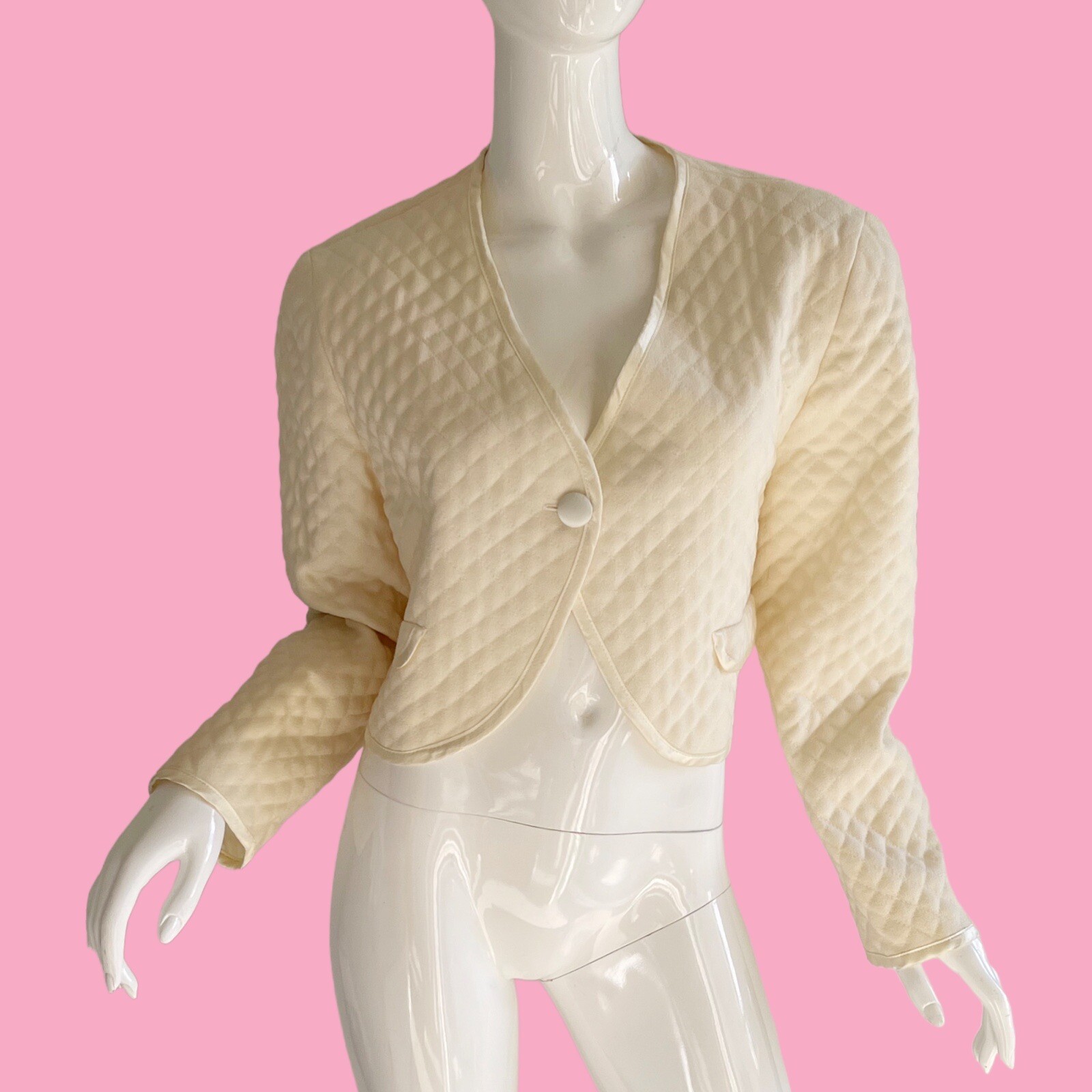 80s Geoffrey Beene Quilted Jacket Ivory Wool Tuxedo Mod Jacket Large