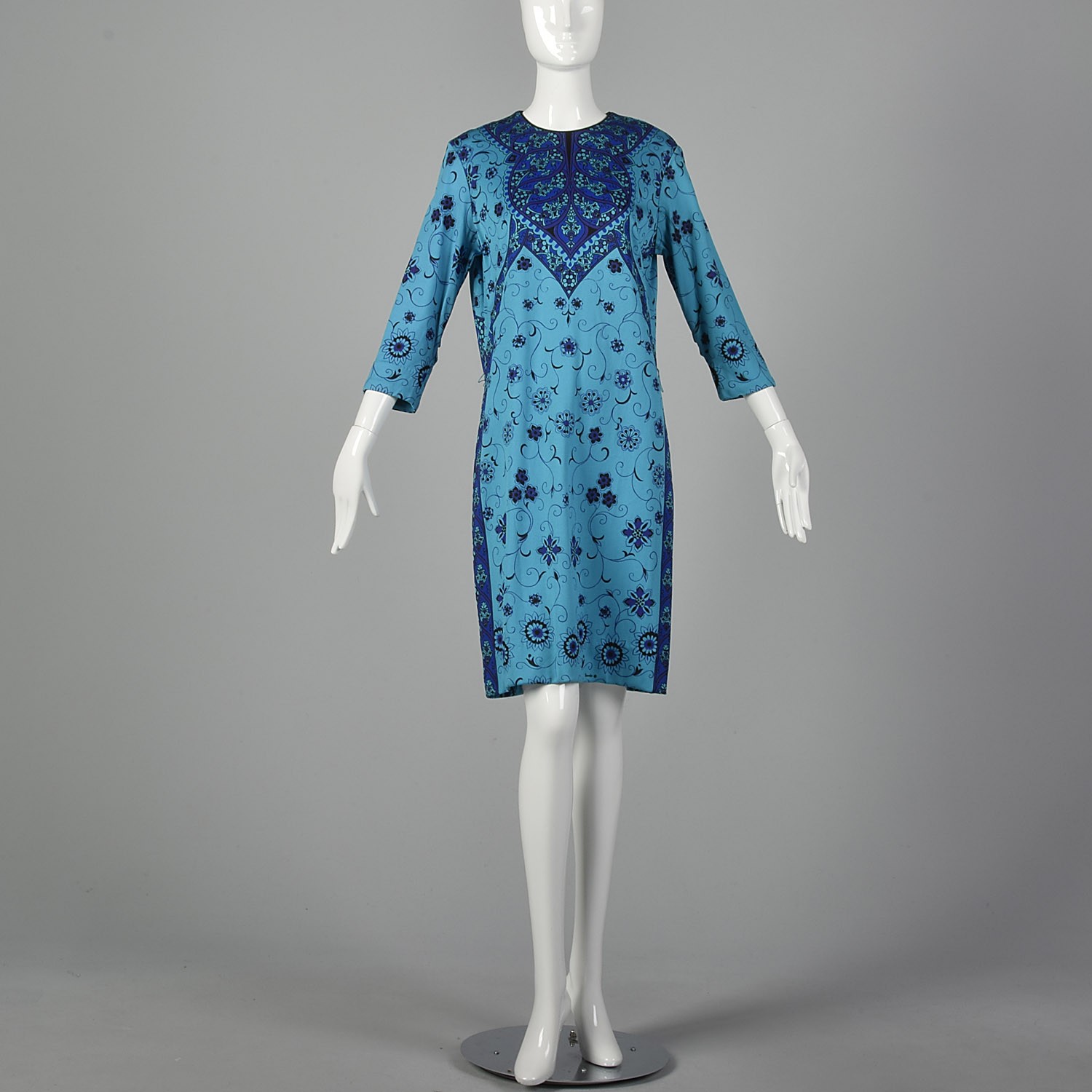 L Blue Dress 1970s Floral Printed Black Boho Bohemian Teal Classic Shift 70s VTG