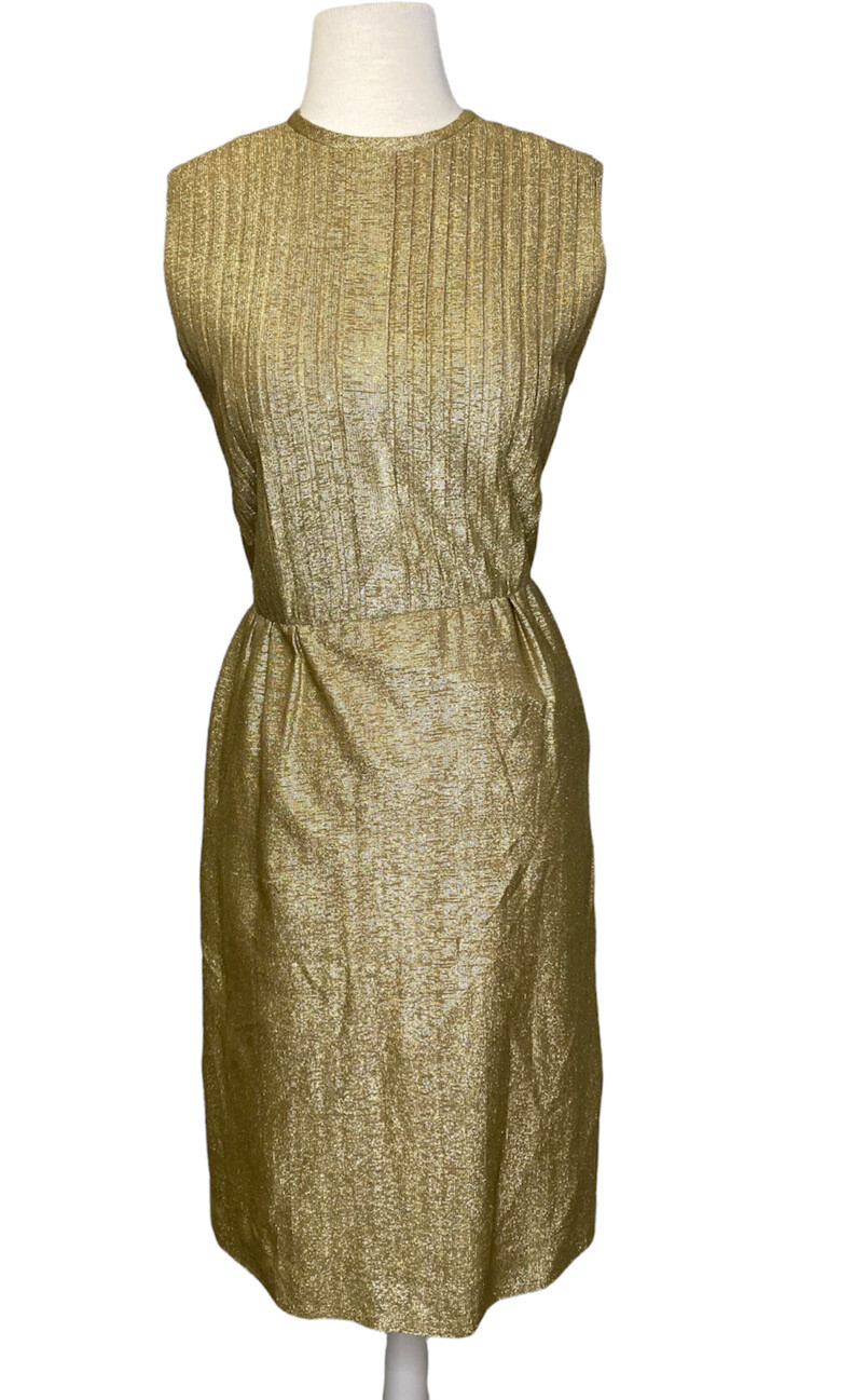 VTG 50s 60s Gold Lame Cocktail Party Dress sz 10 Medium Pleated Normay Hostess