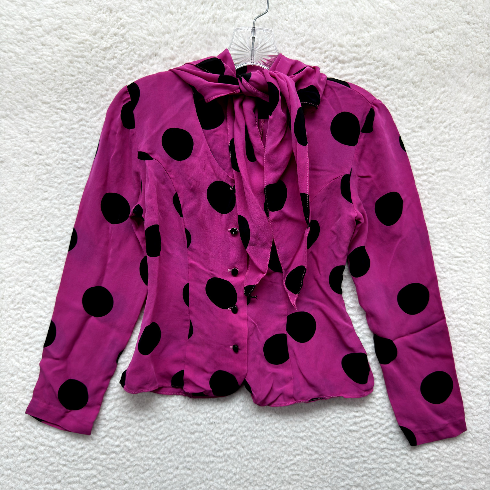 90s Y2K Vintage Anna Sui Top Blouse Small Silk Neck Tie Pink Black Polka Dot