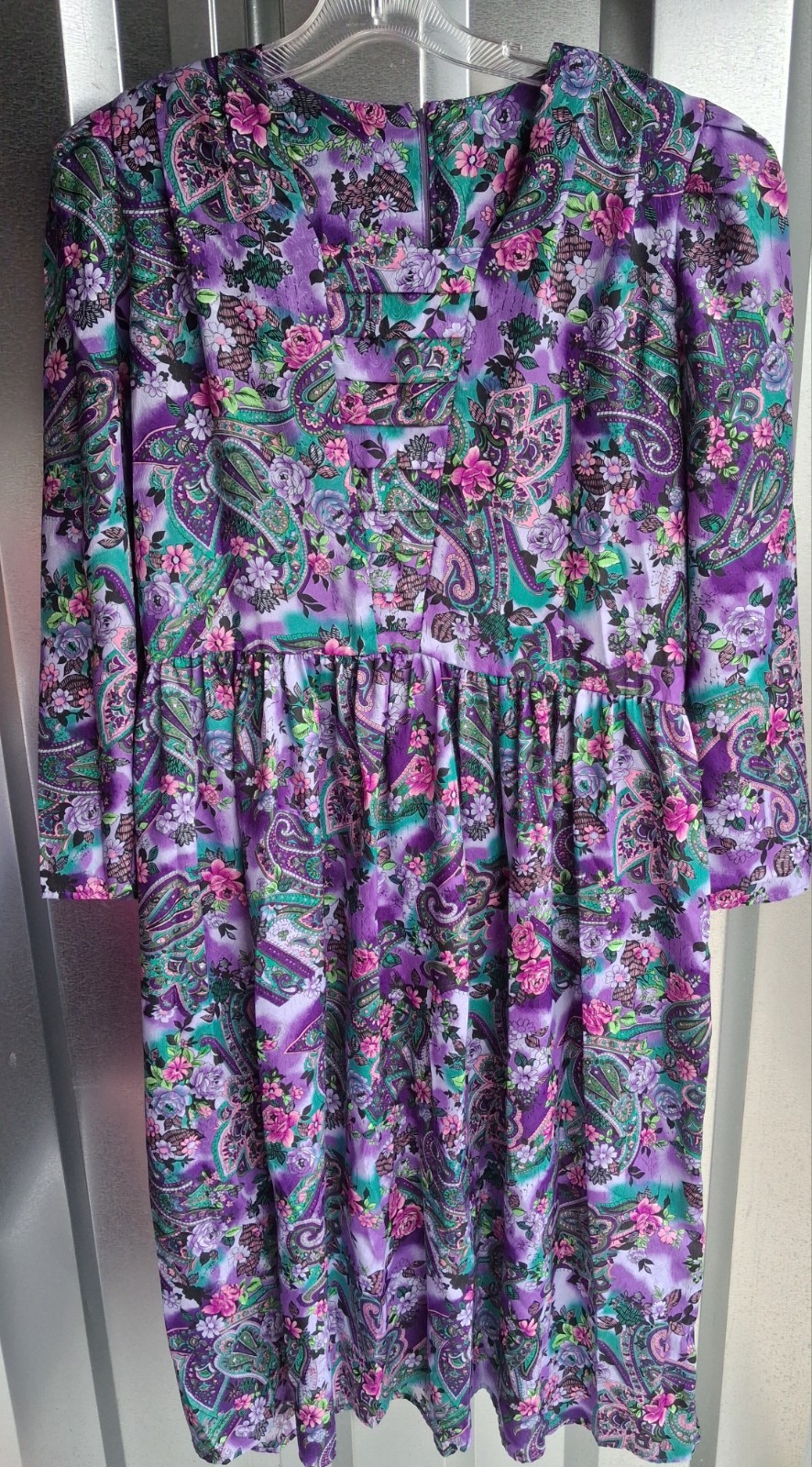 Vtg Terri Ellen Purple & Green Floral Patterned Dress Sz L/XL? Pit To Pit 21 In