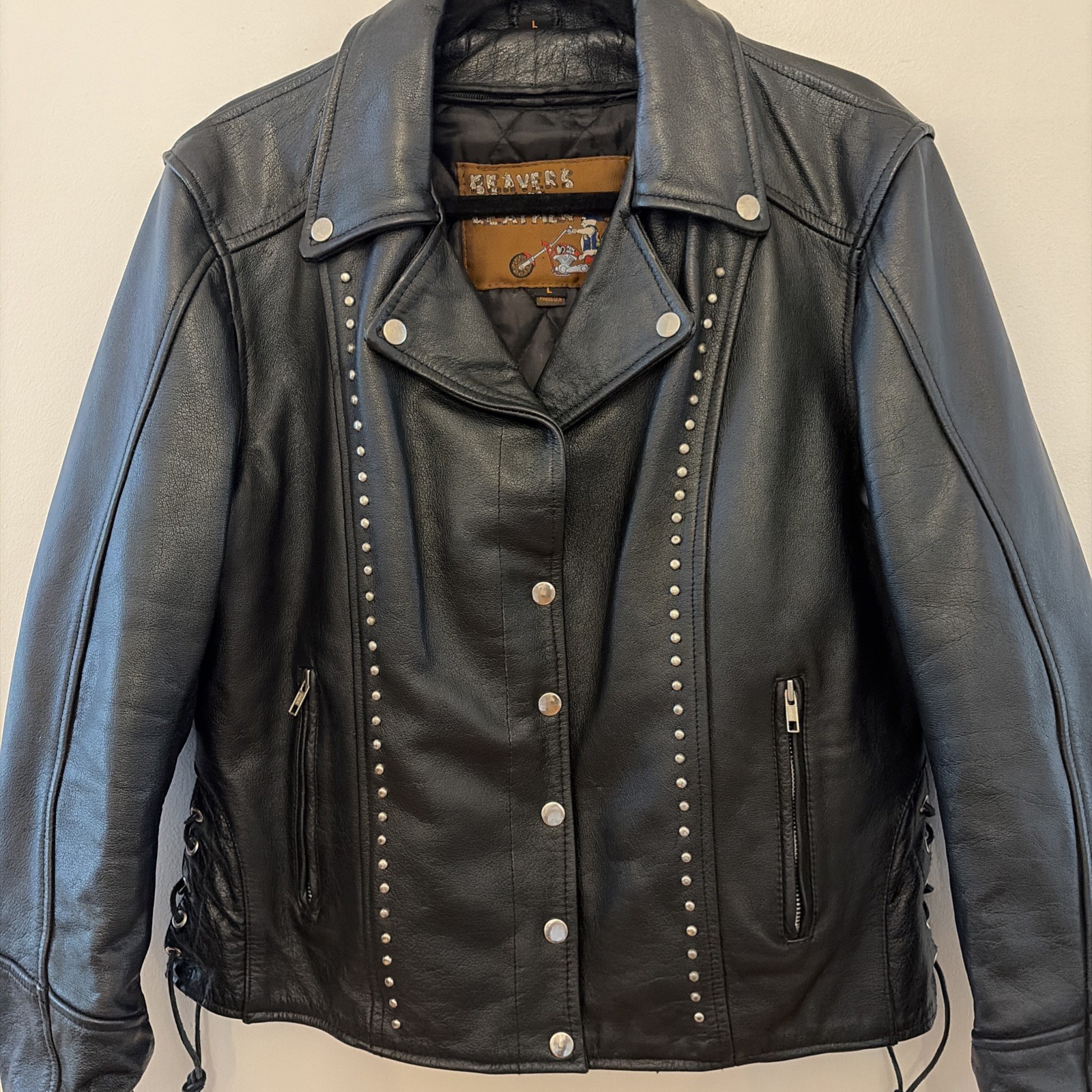 Vintage Beavers Den Womens Sz L Jacket Genuine Leather Biker studded Motorcycle