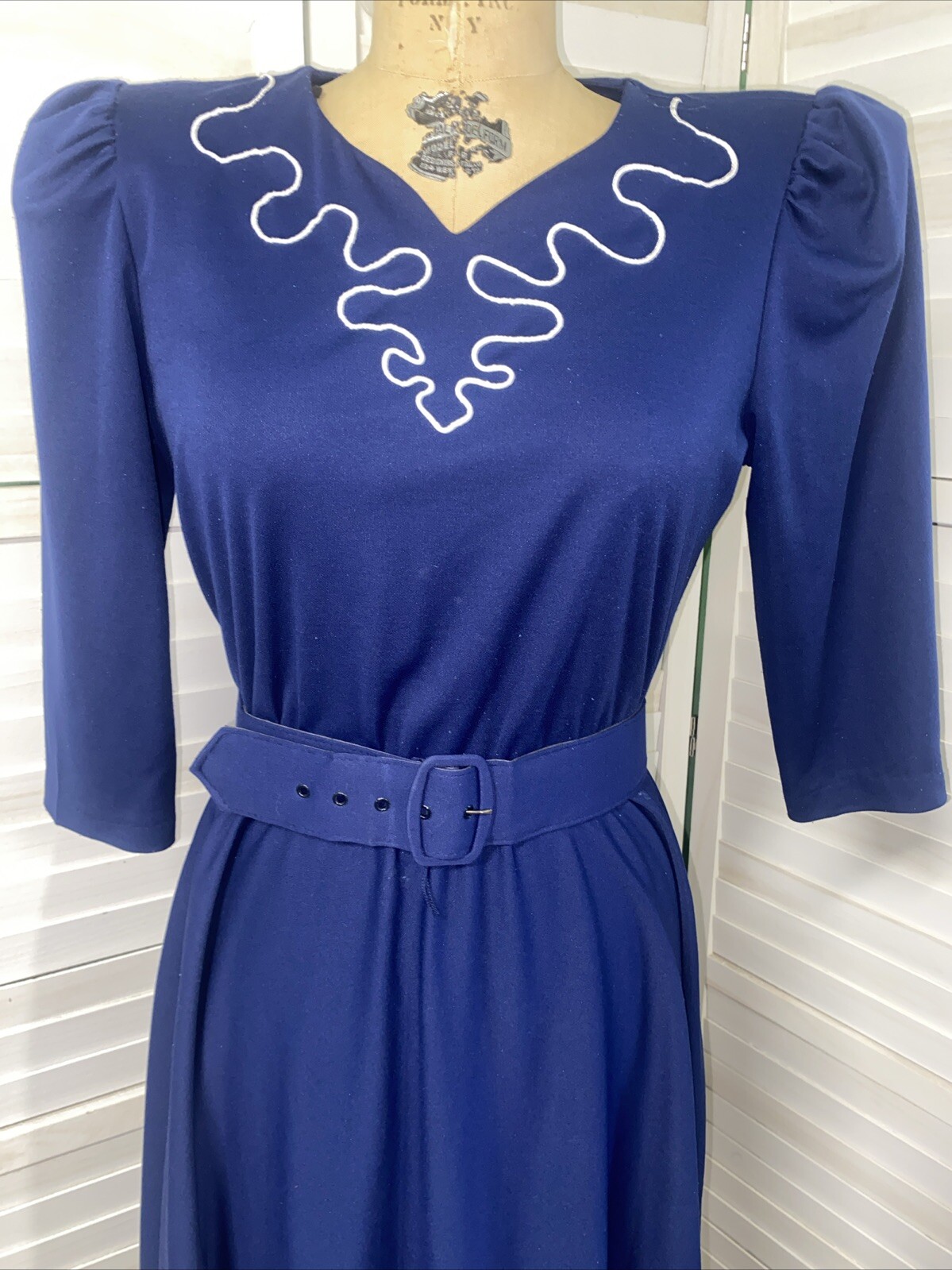 Vtg 80s Whirlaway Frocks Navy 3/4 Sleeves Pleated Belted Fit & Flare Dress Sz 10