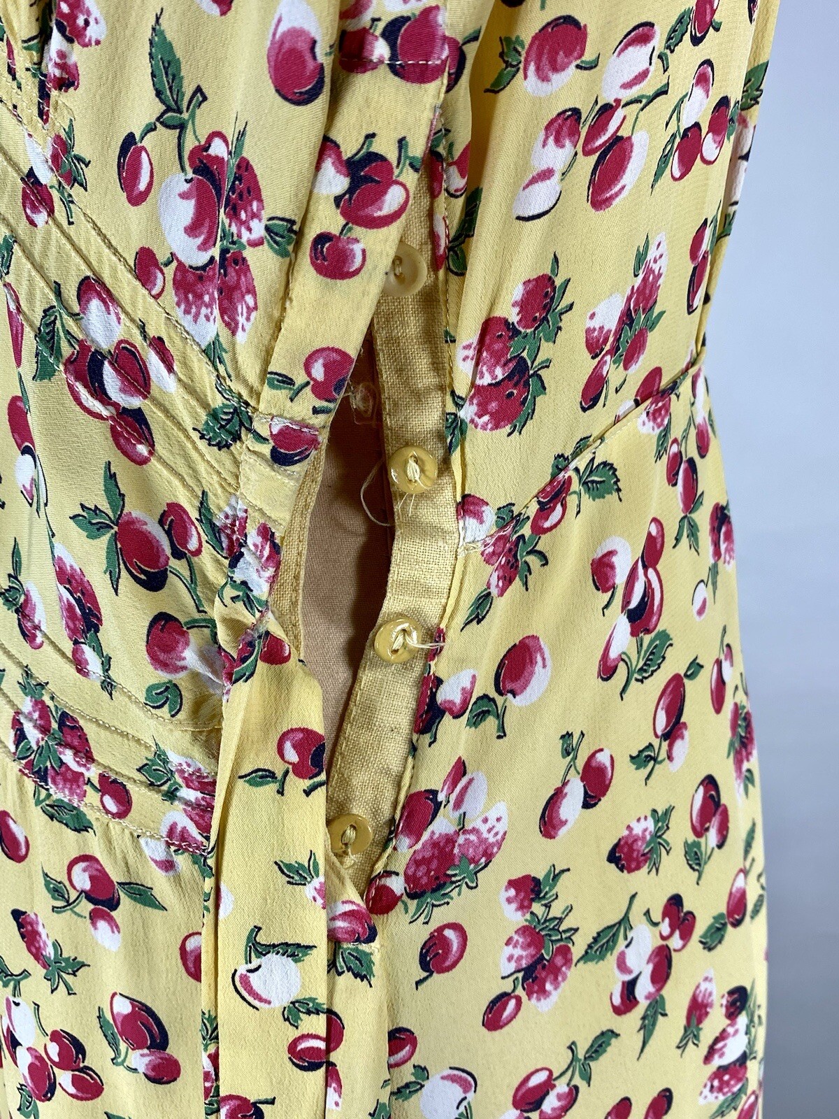 Vintage late 1930’s – 1940’s yellow rayon BERRIES & CHERRIES print swishy dress