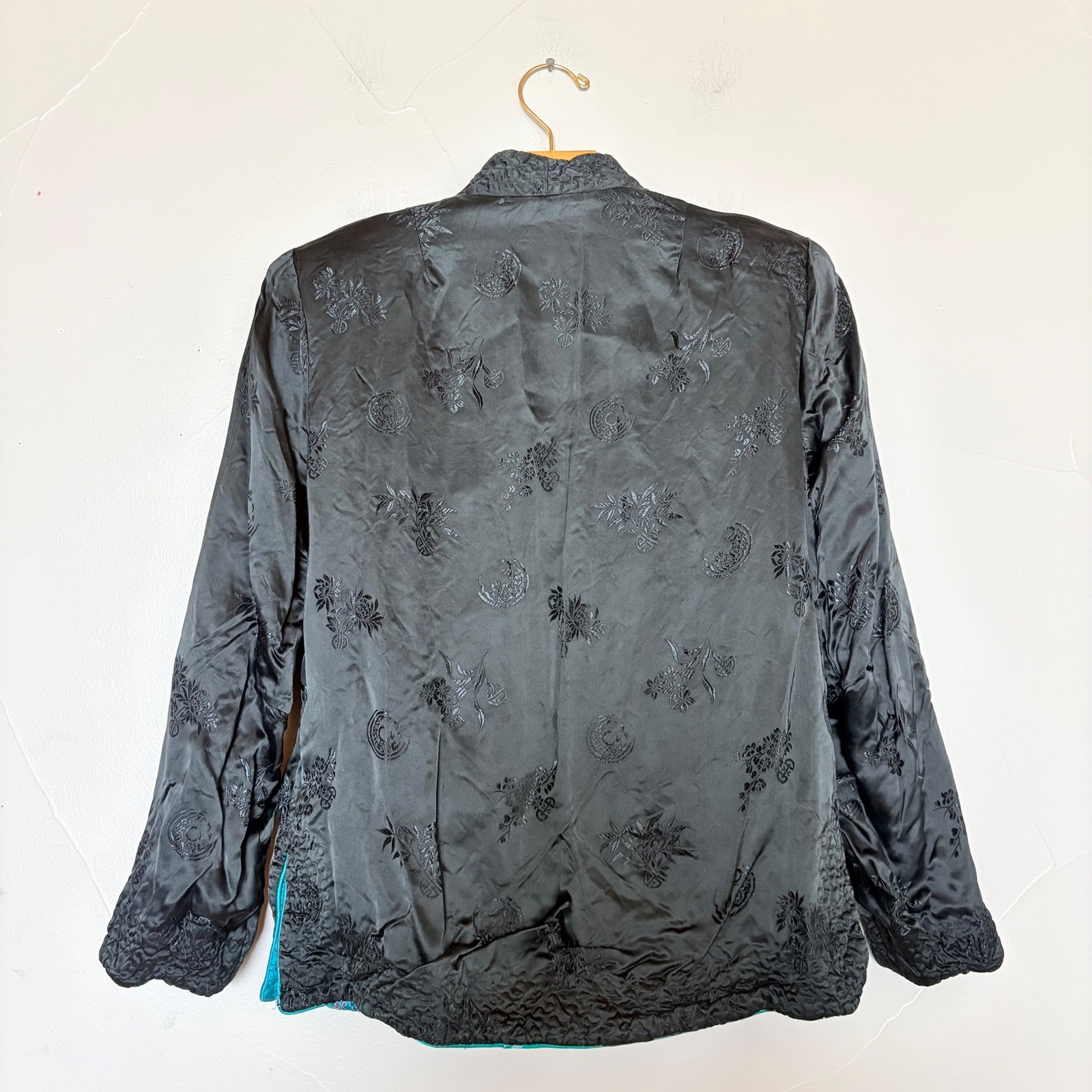 Vintage Reversible Satin Chinese Jacket Teal Black Embroidered Frog Buttons