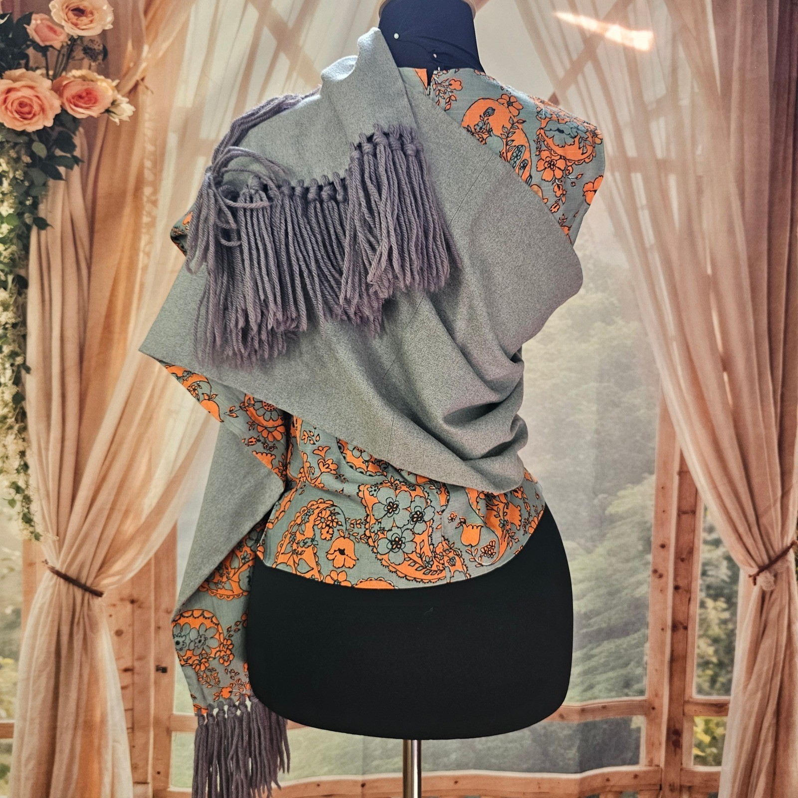 Vintage 1960s Paisley Dress Set Shift Top Blouse Fringed Shawl Grey Orange Mod