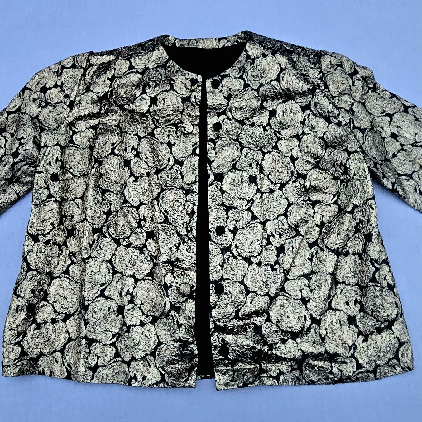 Vintage Evening Cocktail Jacket Black Gold Metallic Floral Mid Century Glam