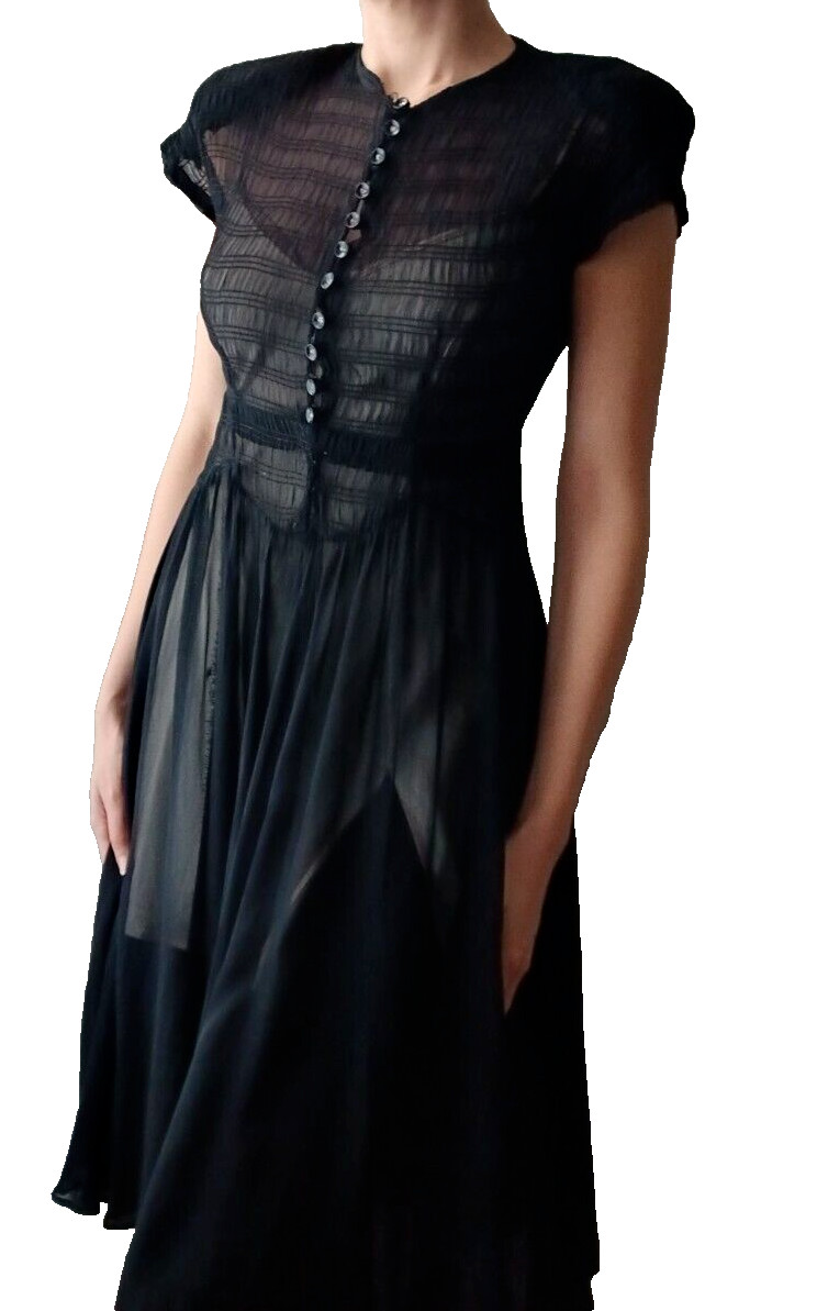 1940 XS Smocked Sheer Dress Black Rhinestone Buttons Princess Waist Shoulder Pad
