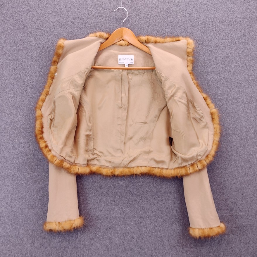 VTG Lily and Taylor Womens Jacket Medium Tan 100% Wool Fur Trim Made USA