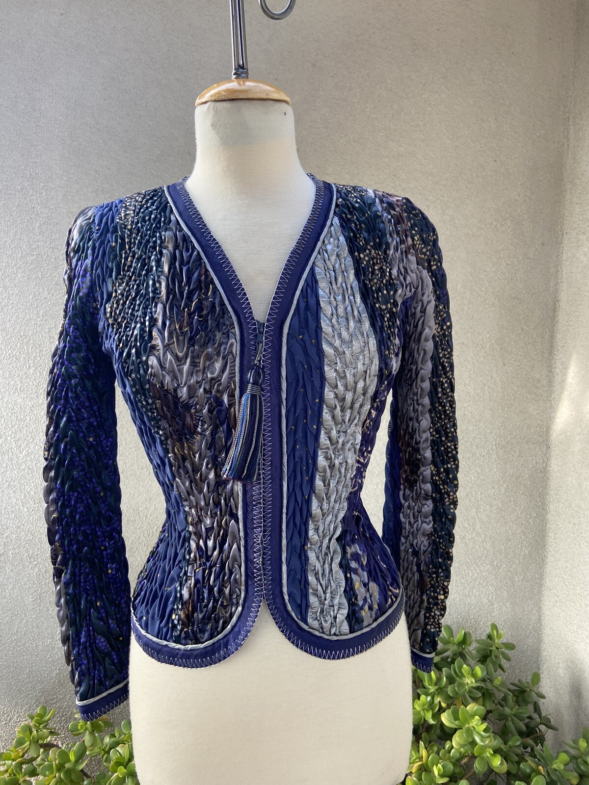 vintage Jacket 80s Jeanne Marc ruched Blue Grey Sz XS Petite 2