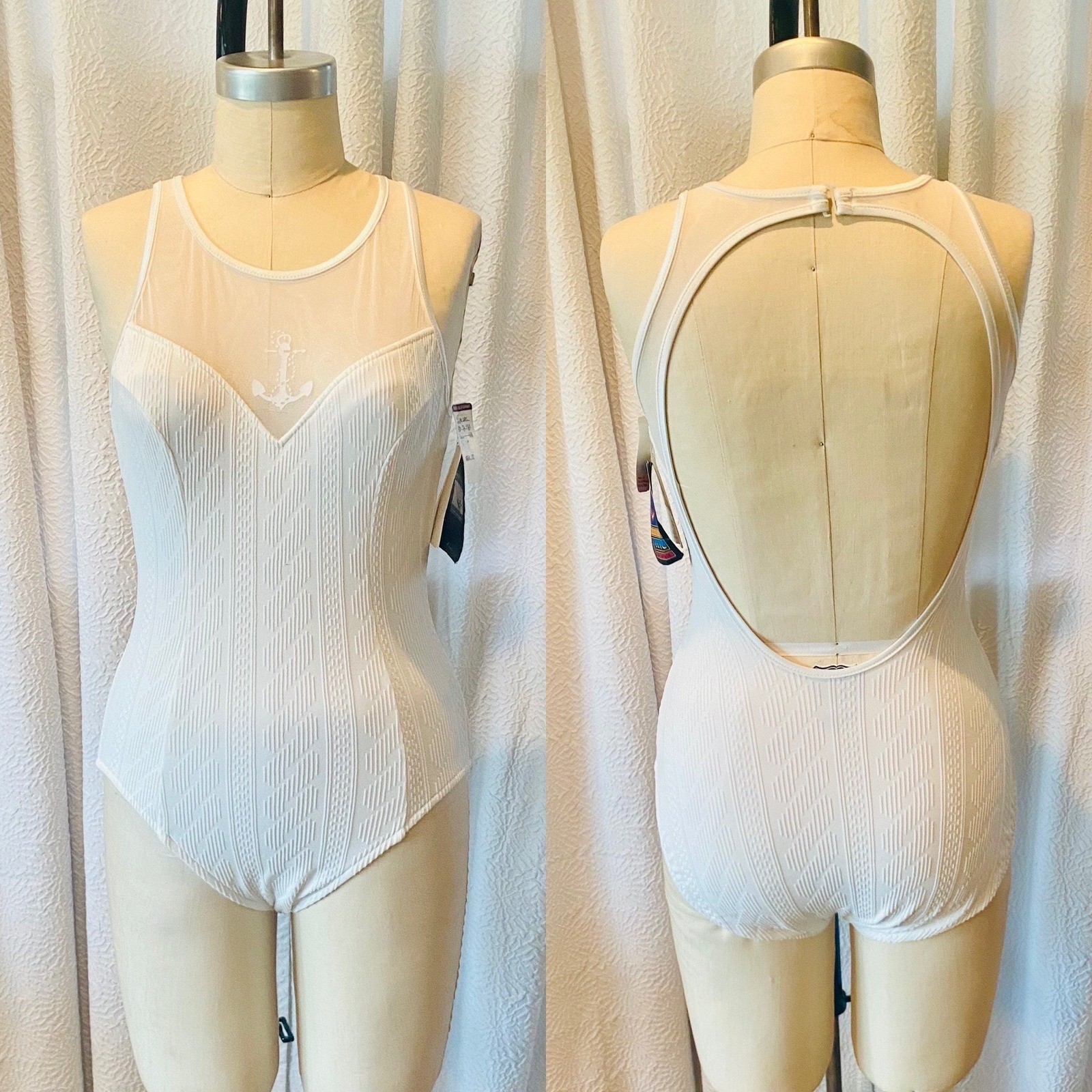 Vintage Jantzen Cable Knit White One Piece Mesh Window Swimsuit, Size 10