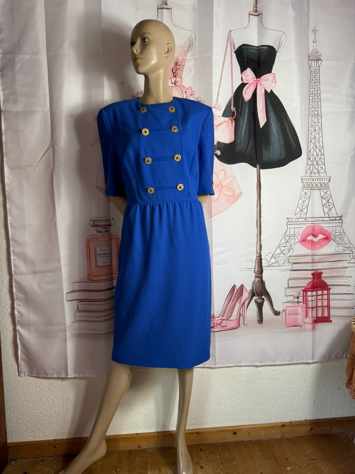 Vintage Dress Royal Blue Gold Buttons Navy Style 80s 90s Size 42 44
