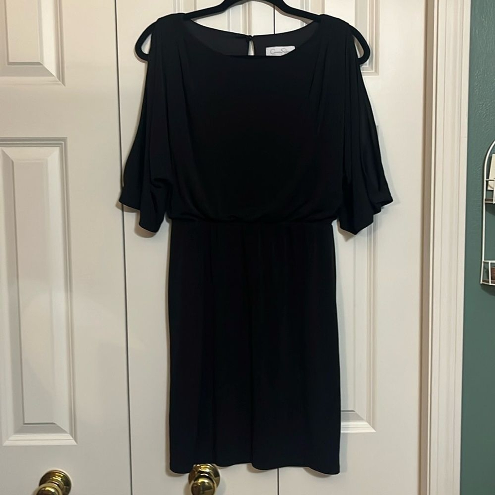 Y2K Little Black Dress Spandex Elastic Waist Slit Cut Sleeves Crew Neck Evening