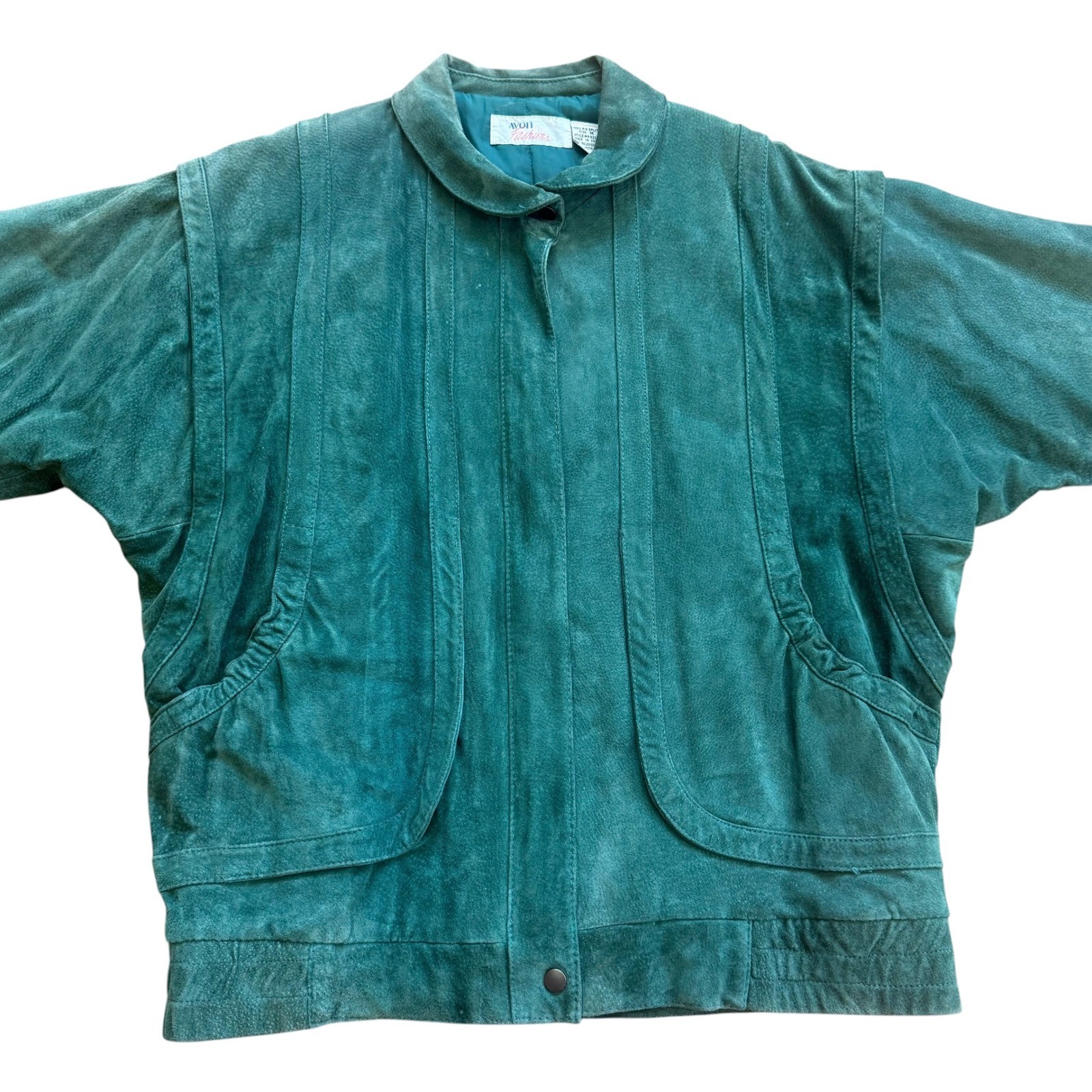Vintage Avon Fashions Teal Green Suede Leather Bomber Jacket 80s Dolman Sleeve M