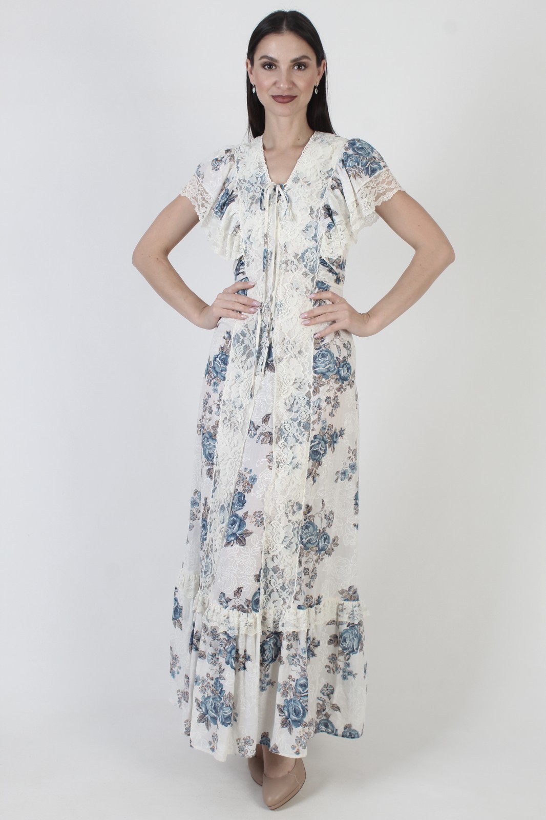 Vtg White Prairie Dress 70s Boho Wedding Lace Cottage Peasant Maxi Sundress