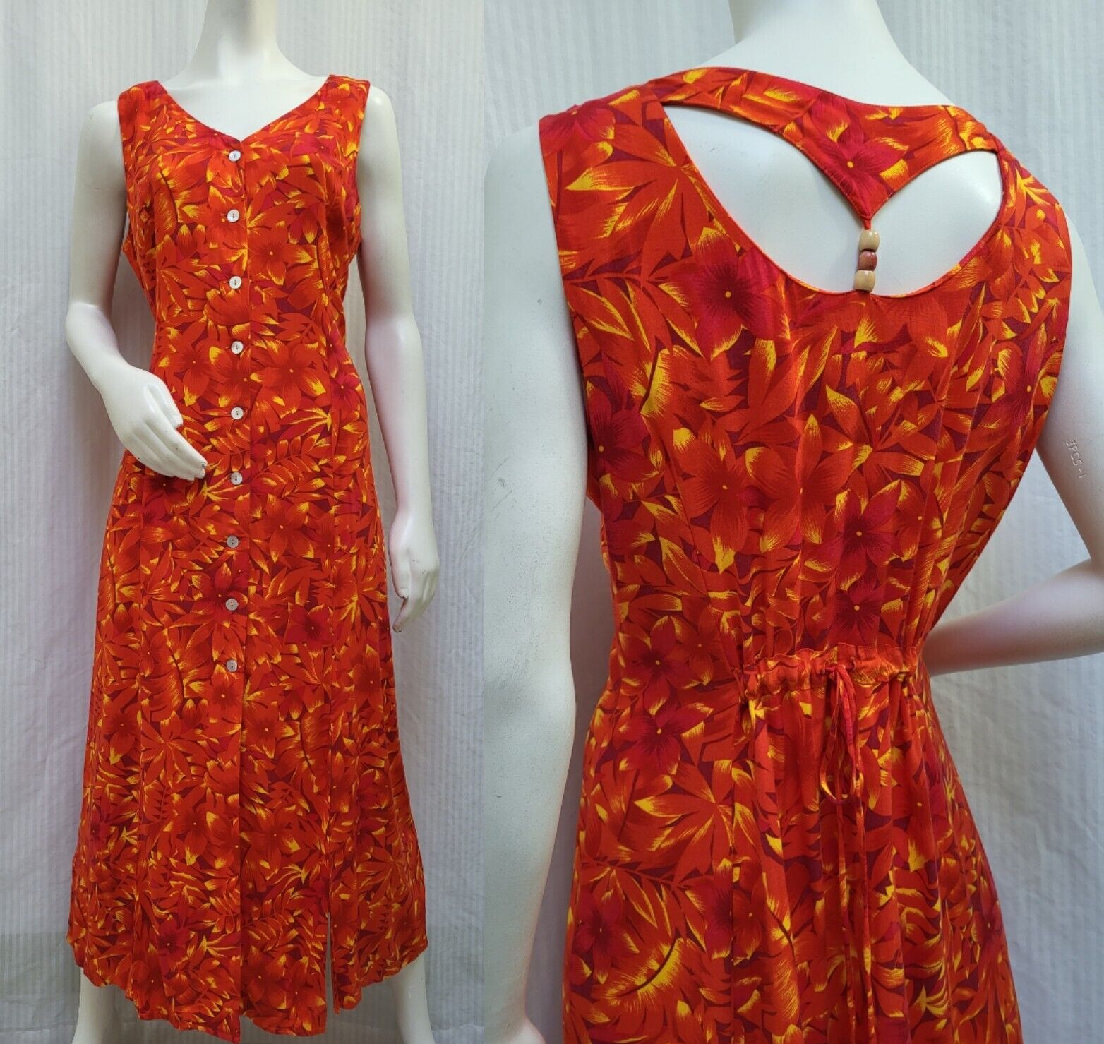 Vintage 80/90’s SCARLETT Orange Floral Rayon Button Front DRESS – Size L/XL -EUC